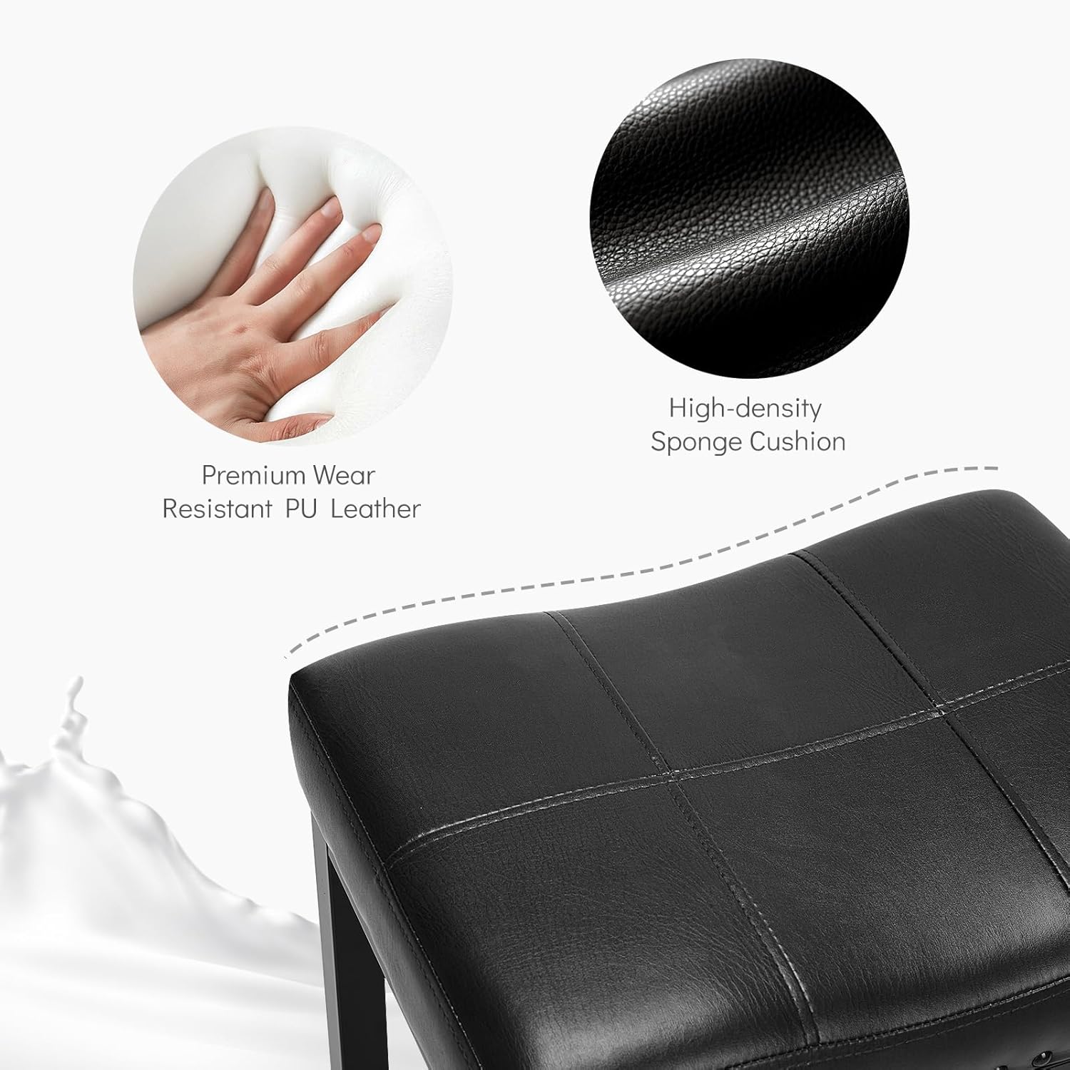 24 Inch Saddle Bar Stools Set of 4, Counter Height Stools with Curved PU Leather Surface, 3.7 Thick Upholstery Bar Height Stools with Footrest for Kitchen Island, Dining, Cafe, Classic Black