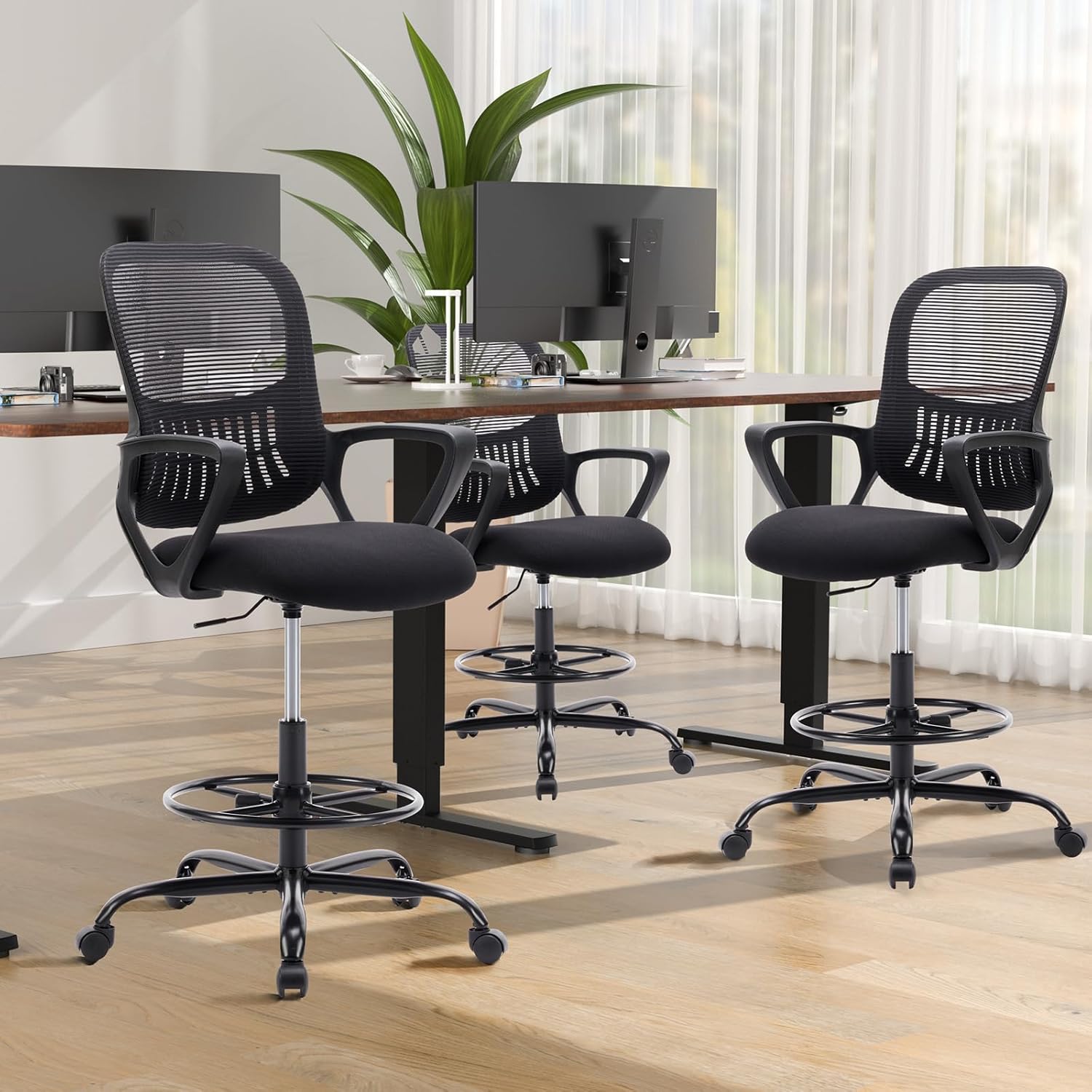 Drafting Chair - Counter Height Adjustable Tall Office Desk Chair with Fixed Armrests and Comfortable Lumbar Support for Standing Desk, Deep Black