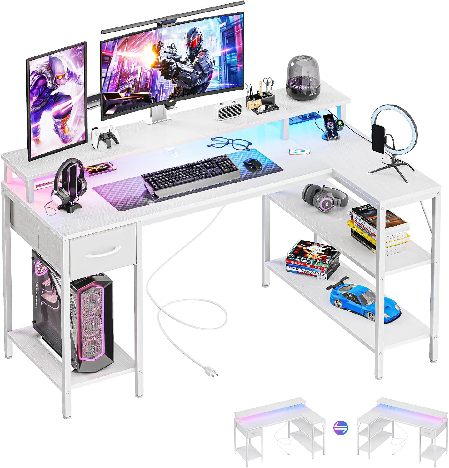 47?? Gaming Desk with USB Charging Ports & LED Lights, Reversible L Shaped Desks Computer Corner Gamer Table with Power Outlets Monitor Stand Storage Shelves for Home Office Small Space, Black