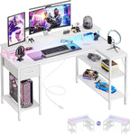 53?? Gaming Desk with USB Charging Ports & LED Lights, Reversible L Shaped Desks Computer Corner Gamer Table with Power Outlets Monitor Stand Storage Shelves for Home Office Small Space, White