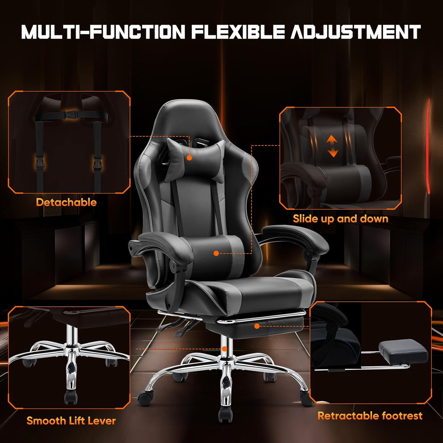 Computer Video Game Desk Chair - Ergonomic Comfy Lumbar Support with Footrest, PU Leather Recliner with Headrest, Fixed Up Armrest, Height Adjustable and 360?? Swivel, for Adults, Grey