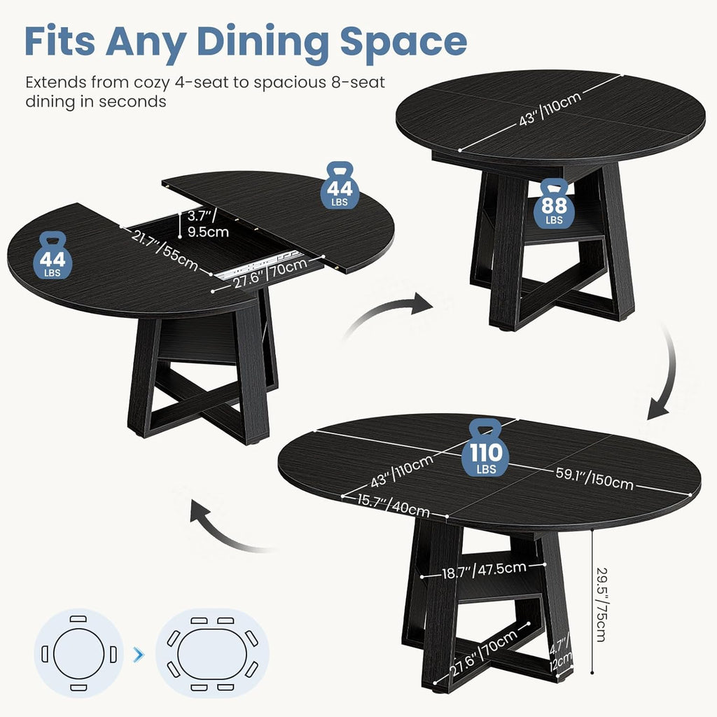 Extendable Round Dining Table for 4-8, Modern Kitchen Oval Dinner Table with Storage Shelf, Wood Pedestal Table, Space Saving Modern Style, Black