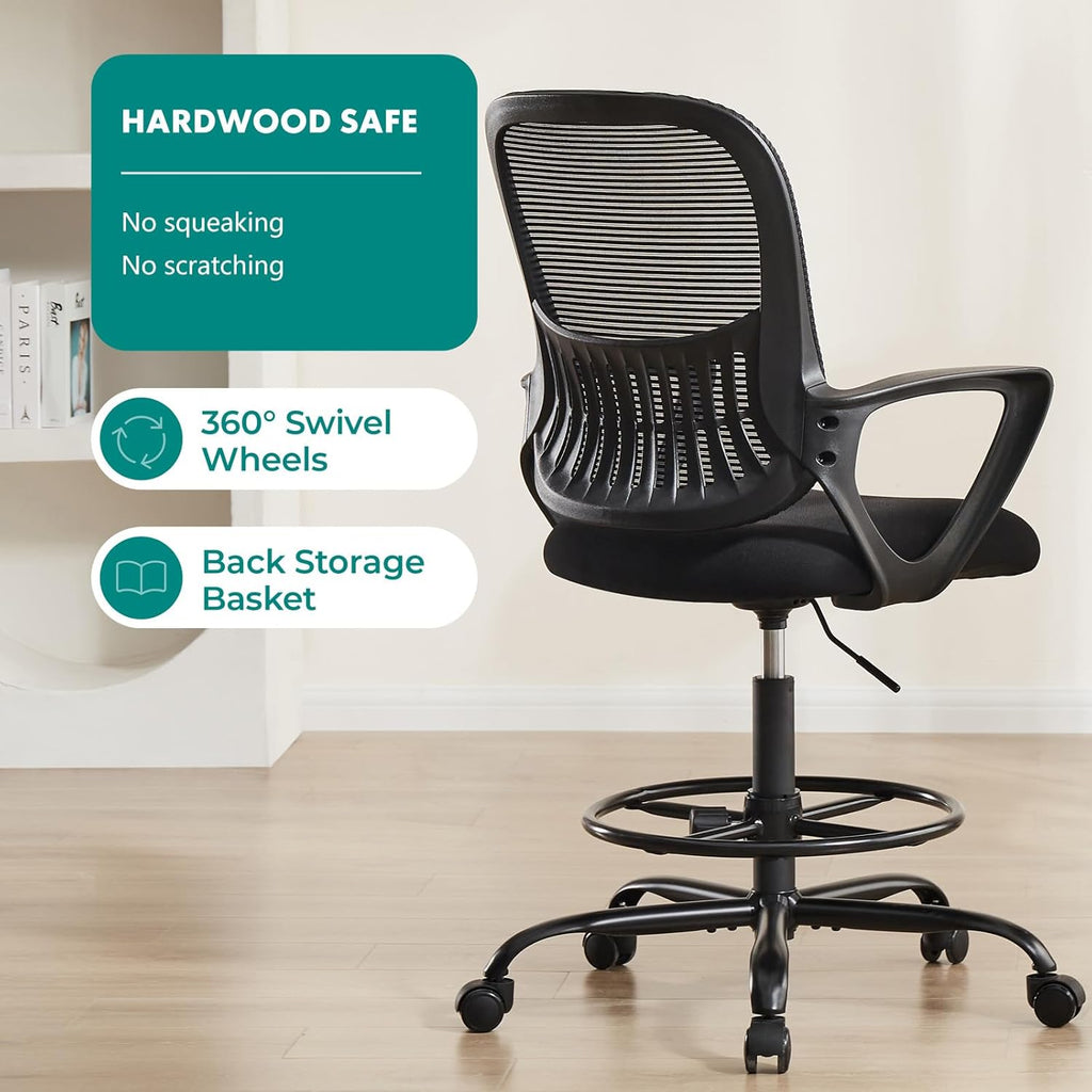 Drafting Chair - Counter Height Adjustable Tall Office Desk Chair with Fixed Armrests and Comfortable Lumbar Support for Standing Desk, Deep Black