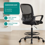 Drafting Chair - Counter Height Adjustable Tall Office Desk Chair with Fixed Armrests and Comfortable Lumbar Support for Standing Desk, Deep Black