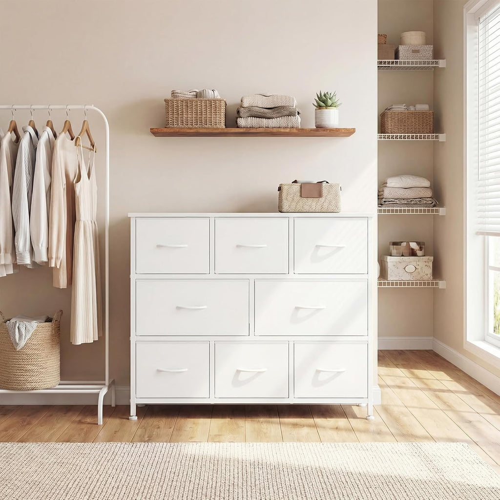 TV Stand, Dresser with 8 Fabric Drawers, Spacious Storage Tower for Closet, TV Stand with Wood Top and Mental Frame, Storage Unit for Living Rooms, Bedroom and Entryway, White