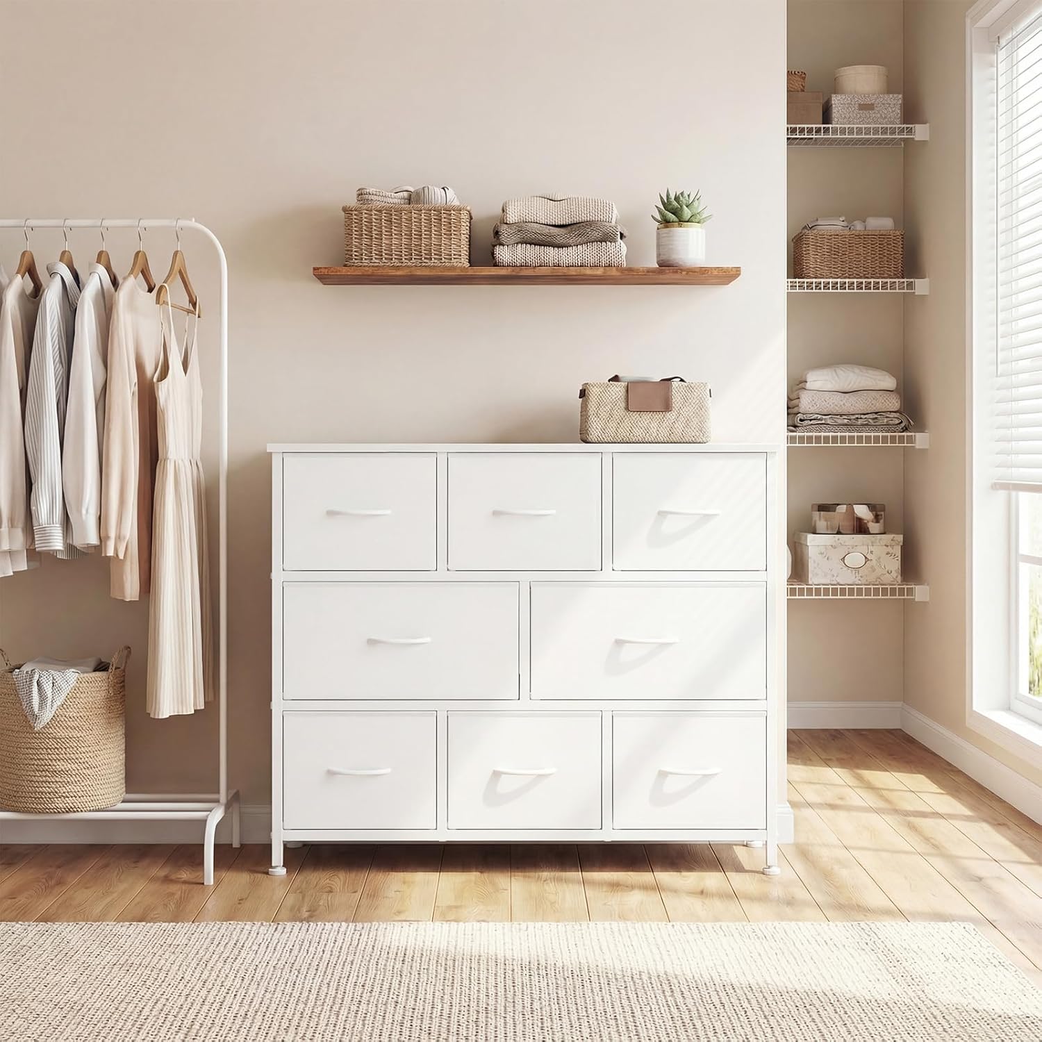 TV Stand, Dresser with 8 Fabric Drawers, Spacious Storage Tower for Closet, TV Stand with Wood Top and Mental Frame, Storage Unit for Living Rooms, Bedroom and Entryway, White