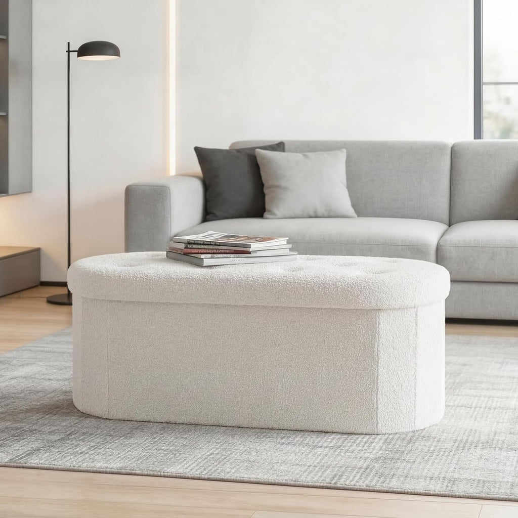 43 inches Folding Storage Ottoman Bench, Oval Round Ottoman End of Bed Foot Rest Bench Stool with Cushion, Storage Chest for Bedroom, Living Room, Entryway, White