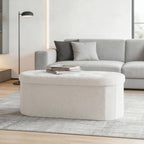 43 inches Folding Storage Ottoman Bench, Oval Round Ottoman End of Bed Foot Rest Bench Stool with Cushion, Storage Chest for Bedroom, Living Room, Entryway, White