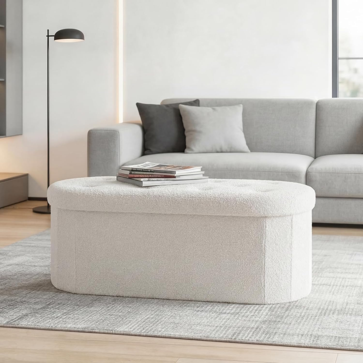 43 inches Folding Storage Ottoman Bench, Oval Round Ottoman End of Bed Foot Rest Bench Stool with Cushion, Storage Chest for Bedroom, Living Room, Entryway, White
