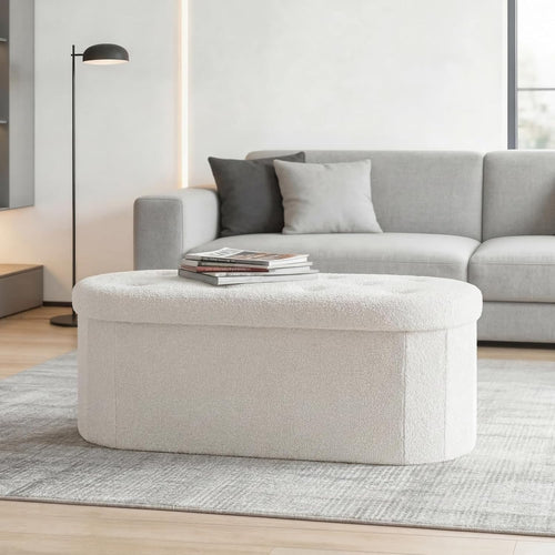 43 inches Folding Storage Ottoman Bench, Oval Round Ottoman End of Bed Foot Rest Bench Stool with Cushion, Storage Chest for Bedroom, Living Room, Entryway, White