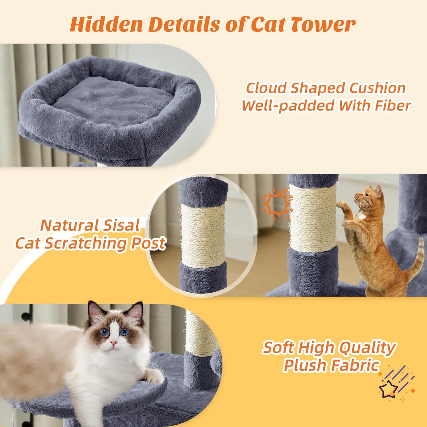 Small 44 Inch Cat Tree Tower, Cat Climbing Tower with Natural Sisal Scratching Posts, Hammock, Pet Condo for Indoor Cats and Kittens Play, Dark Grey