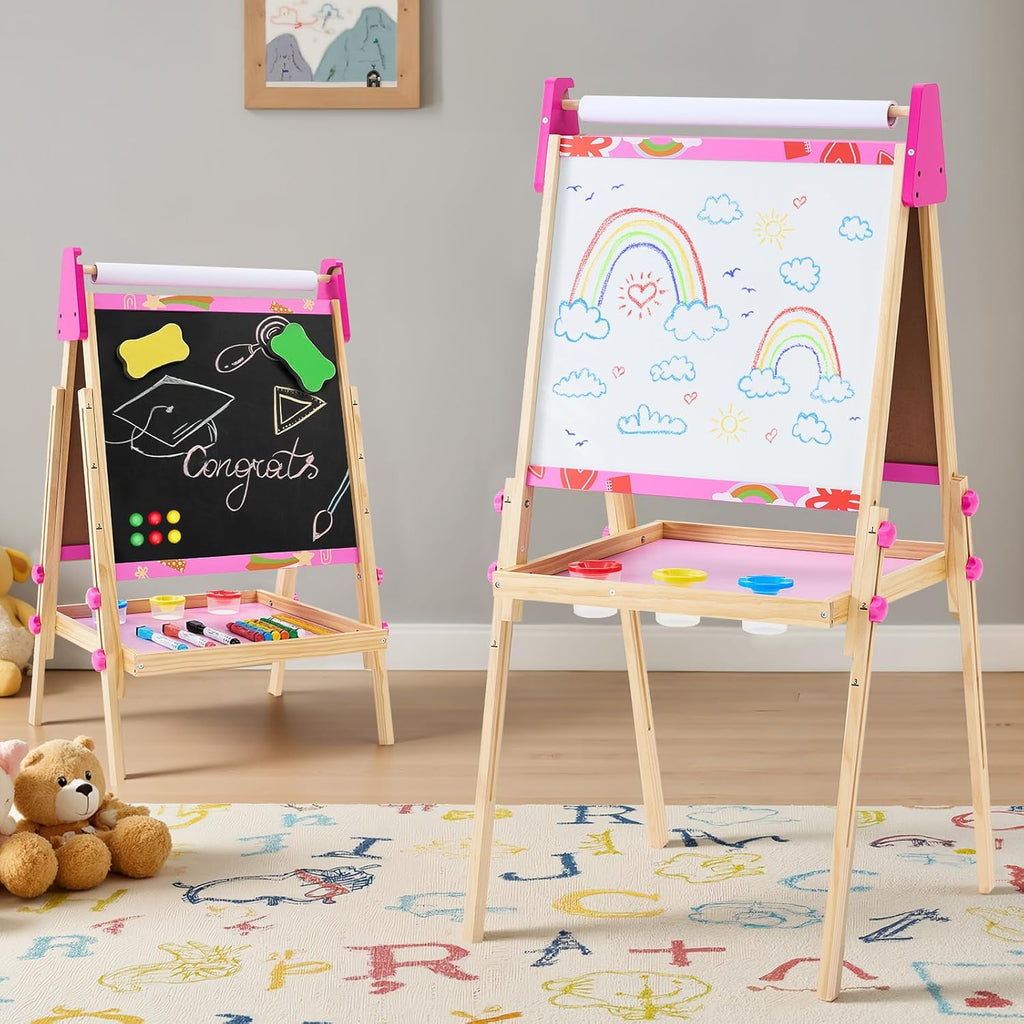 Kids Easel Set with Paper Roll, Adjustable Height Double-Sided Magnetic Chalkboard & Whiteboard Art Station for Ages 3+, Dry Erase Board, Gift for Girls and Boys, Red