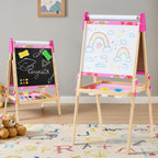 Kids Easel Set with Paper Roll, Adjustable Height Double-Sided Magnetic Chalkboard & Whiteboard Art Station for Ages 3+, Dry Erase Board, Gift for Girls and Boys, Red