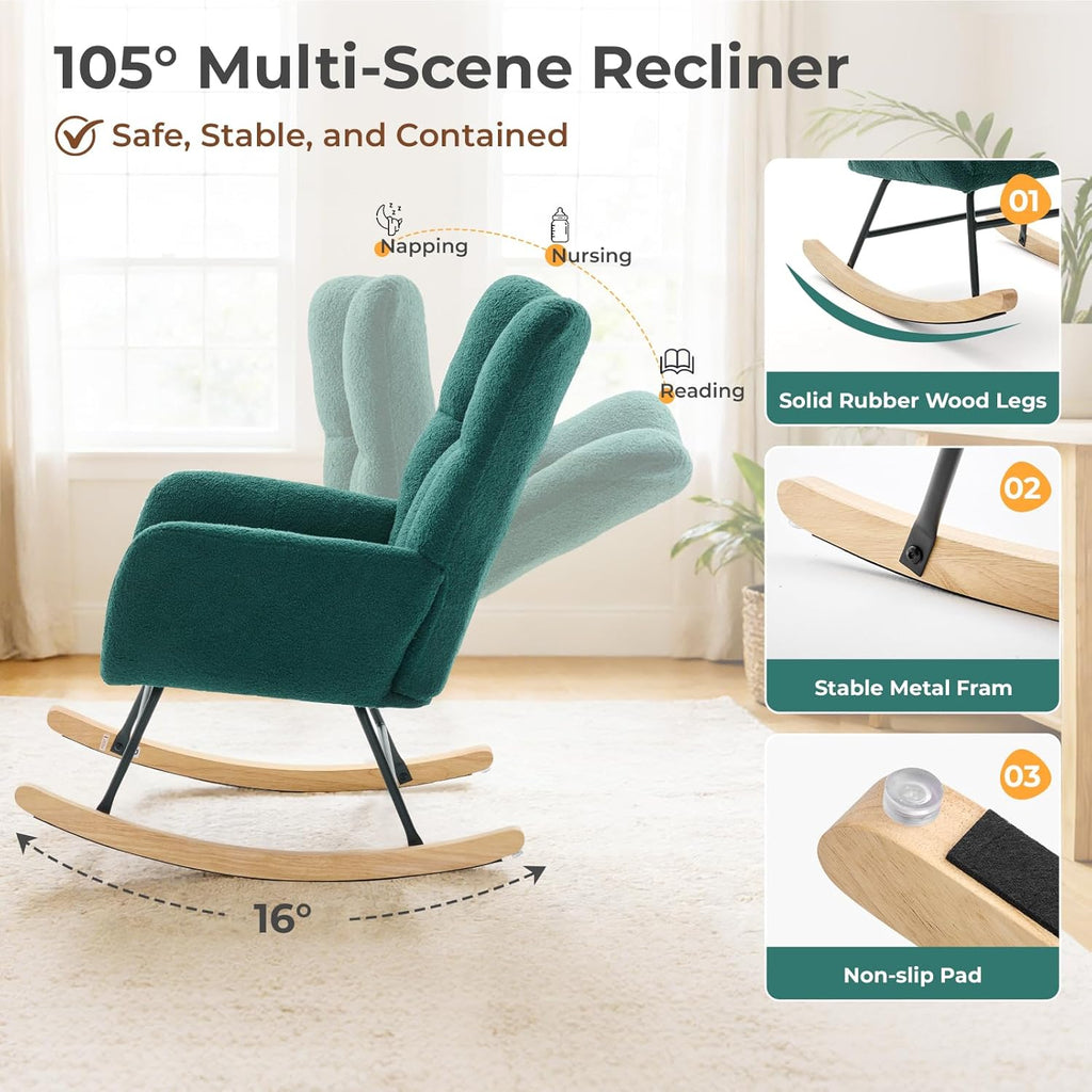 Nursery Rocking Chair Teddy Upholstered, Comfy Glider Rocker with High Backrest Armchair Padded Seat, Accent Side Chair for Living Room Bedroom Offices Small Spaces Indoor, Green