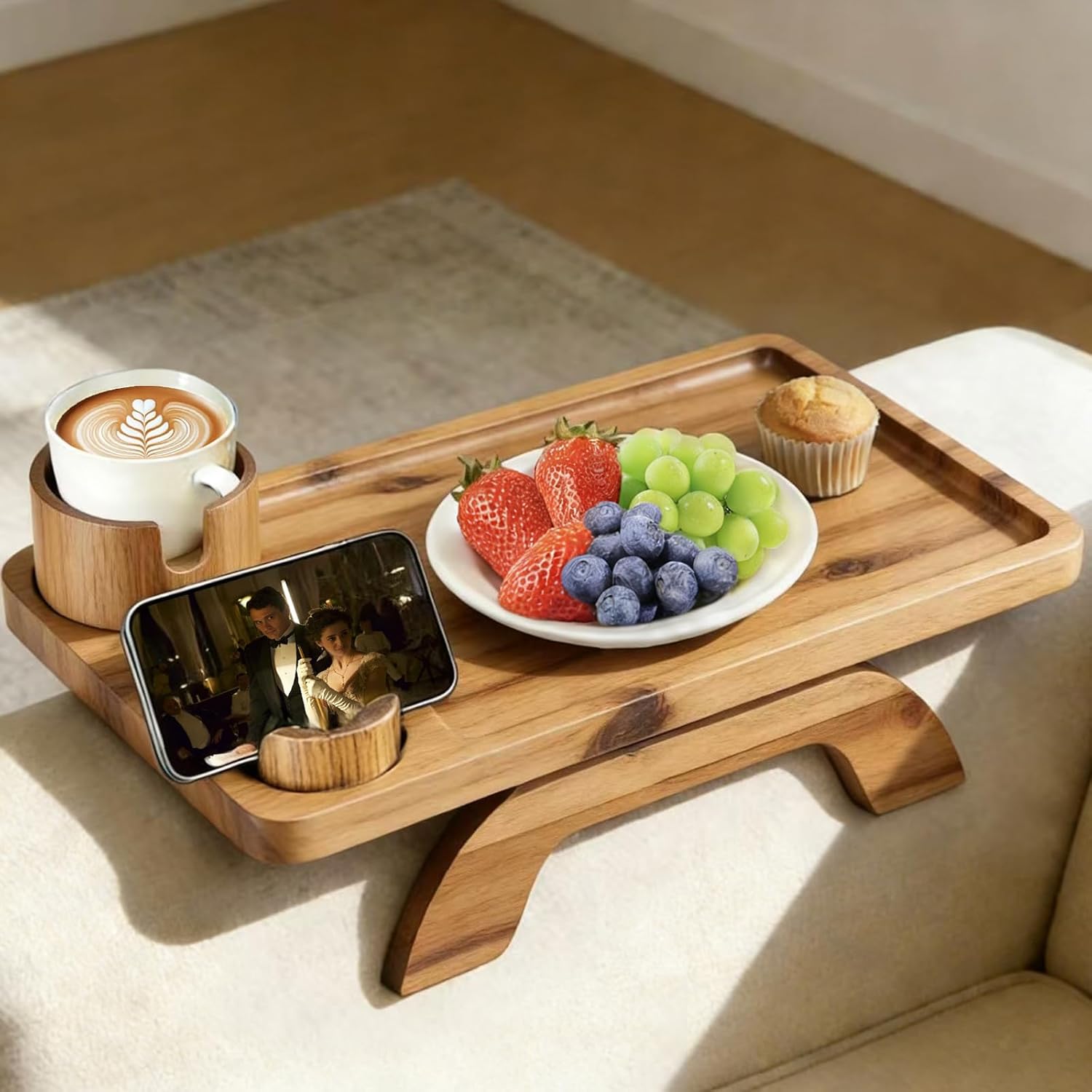 Couch Arm Tray, 3 in 1 Clip on Sofa Arm Tray with 360?? Rotating Phone Holder, Foldable Couch Armrest Table for Drinks & Snacks, Brown