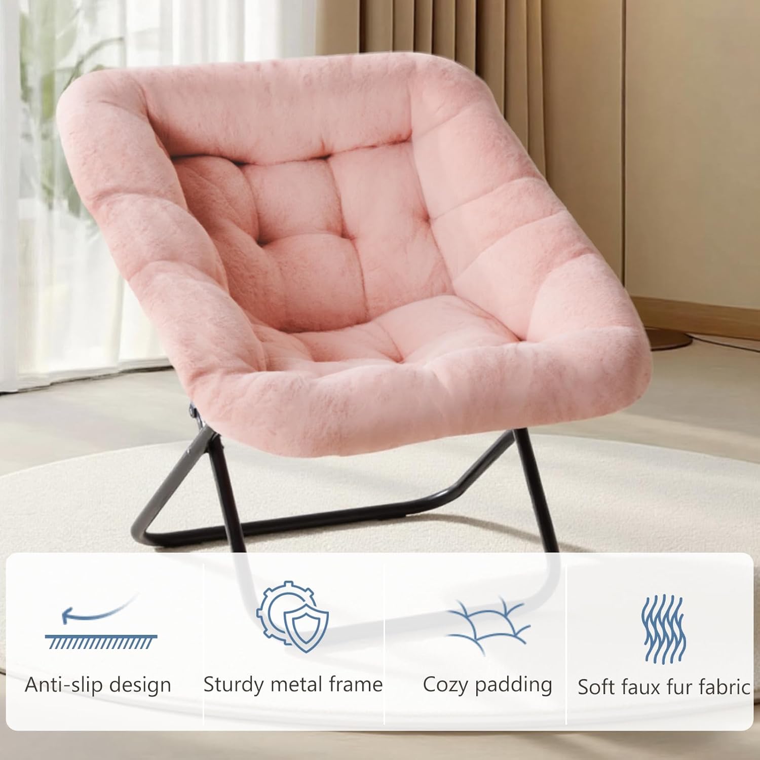 Saucer Chair, Foldable Living Room Chairs, Soft Faux Fur Lounge Chair for Bedroom, Reading Chairs for Adults, X-Large (Pink)