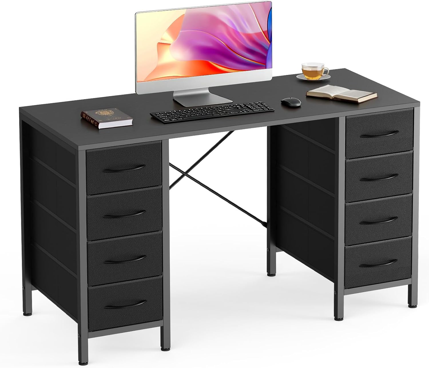47 Inch Computer Desk with 8 Fabric Drawers, Office Gaming Desk with Storage, Writing Study Table with X-Shaped Reinforced Structure, Black