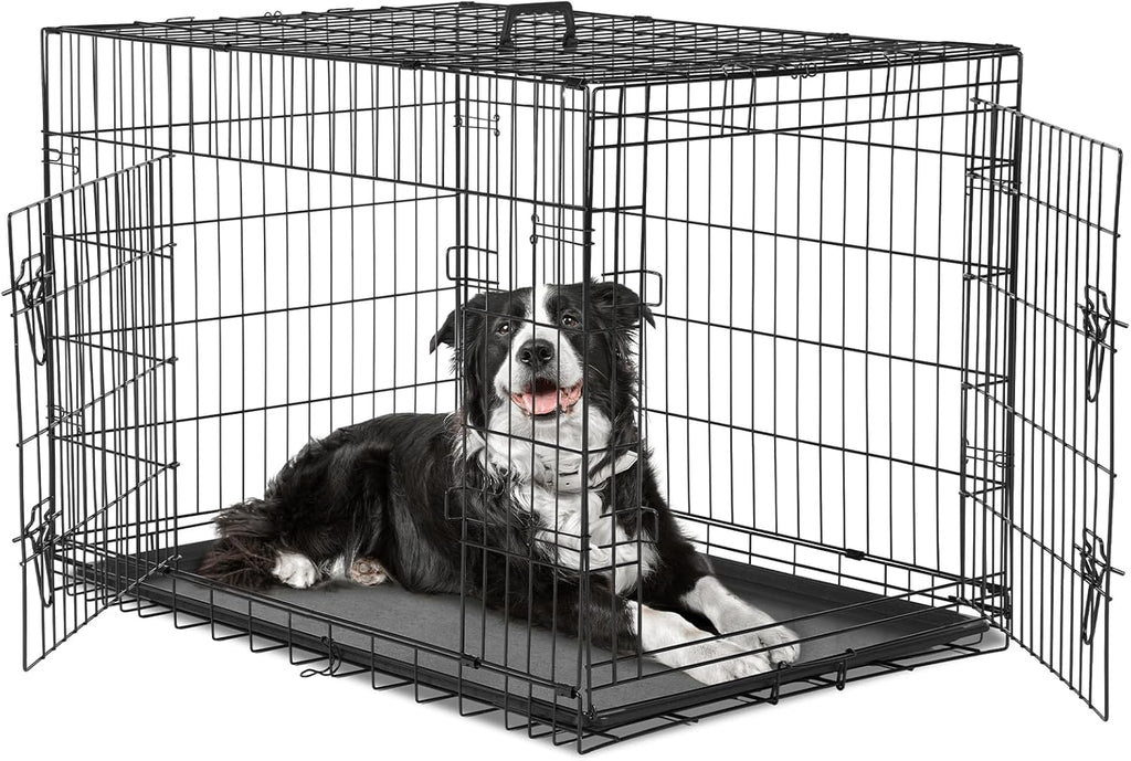 Dog Crate, 30 Inch Medium Single Door Dog Cage with Plastic Leak-Proof Pan Tray, Folding Metal Wire Pet Kennel for Indoor, Outdoor, Travel