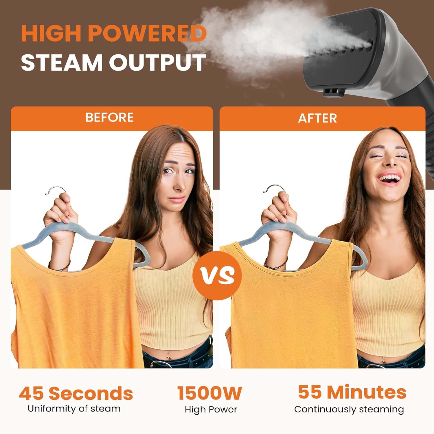 Standing Garment Steamer, 1500W Powerful Steamer for Clothes with Roll Wheels, 1.7L Water Tank for 55 Min Continuous Steaming, Professional Wrinkle Remover Heats in 45 Seconds