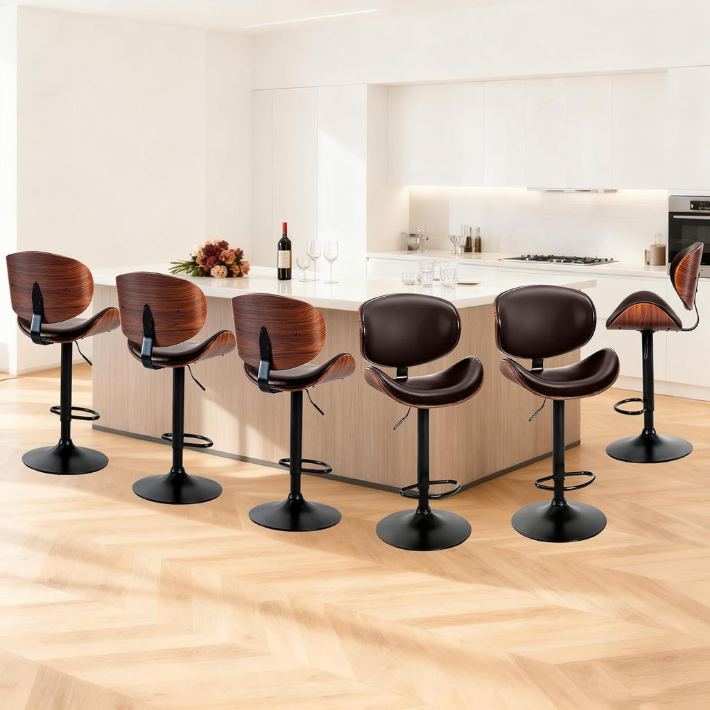 Swivel Bar Stools Set of 2, Adjustable Counter Height Bentwood BarStools, PU Leather Upholstery Bar Chair with Ergonomic Back and Footrest, Counter Stools for Bar, Home Kitchen Island, Brown