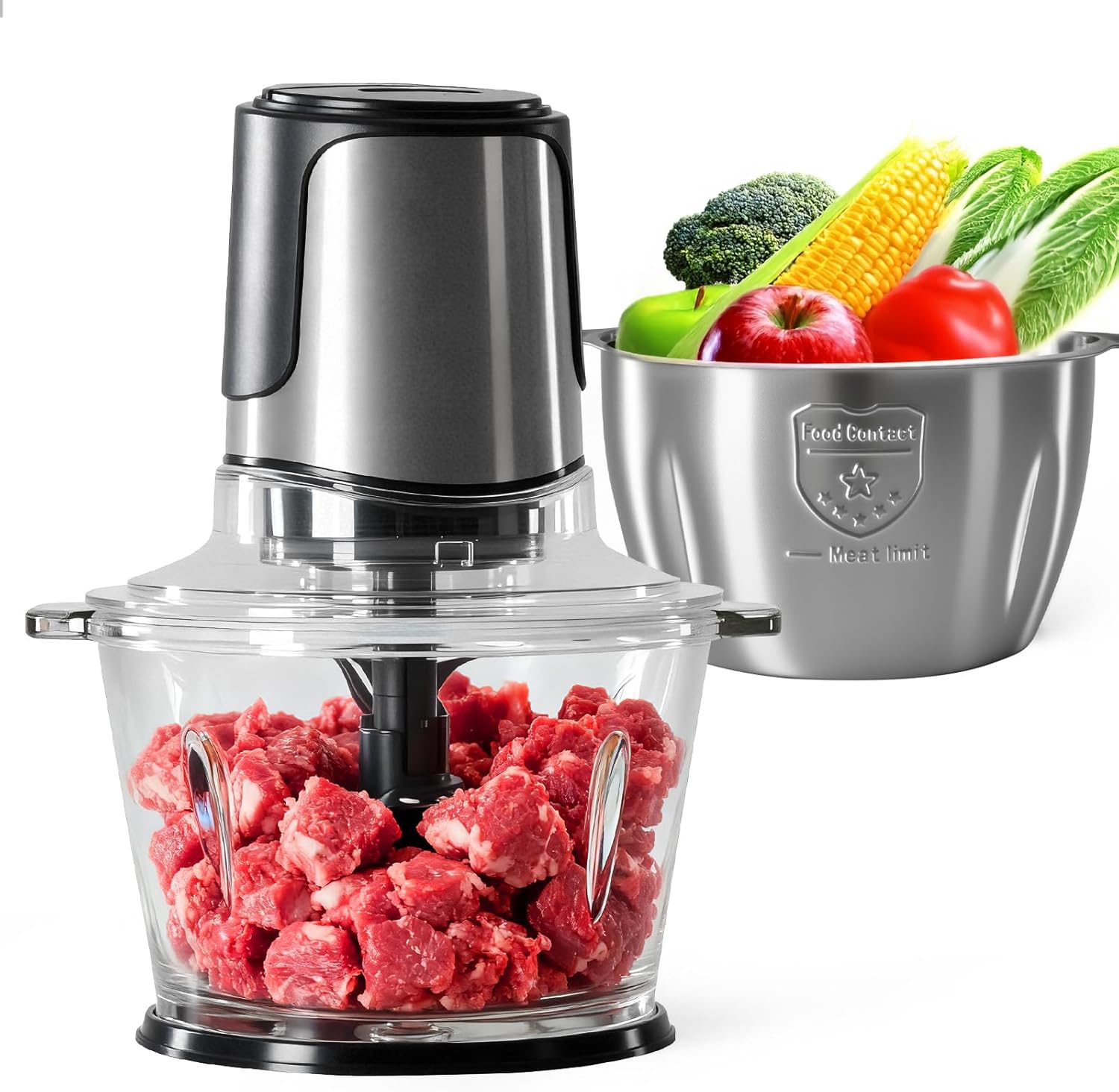 Electric Food Processor, 450W Meat Grinder & Vegetable Chopper with 2 Bowels for Home Use, Food Chopper with Double S-Blades for Vegetable, Onion, Garlic, Nuts, Meat
