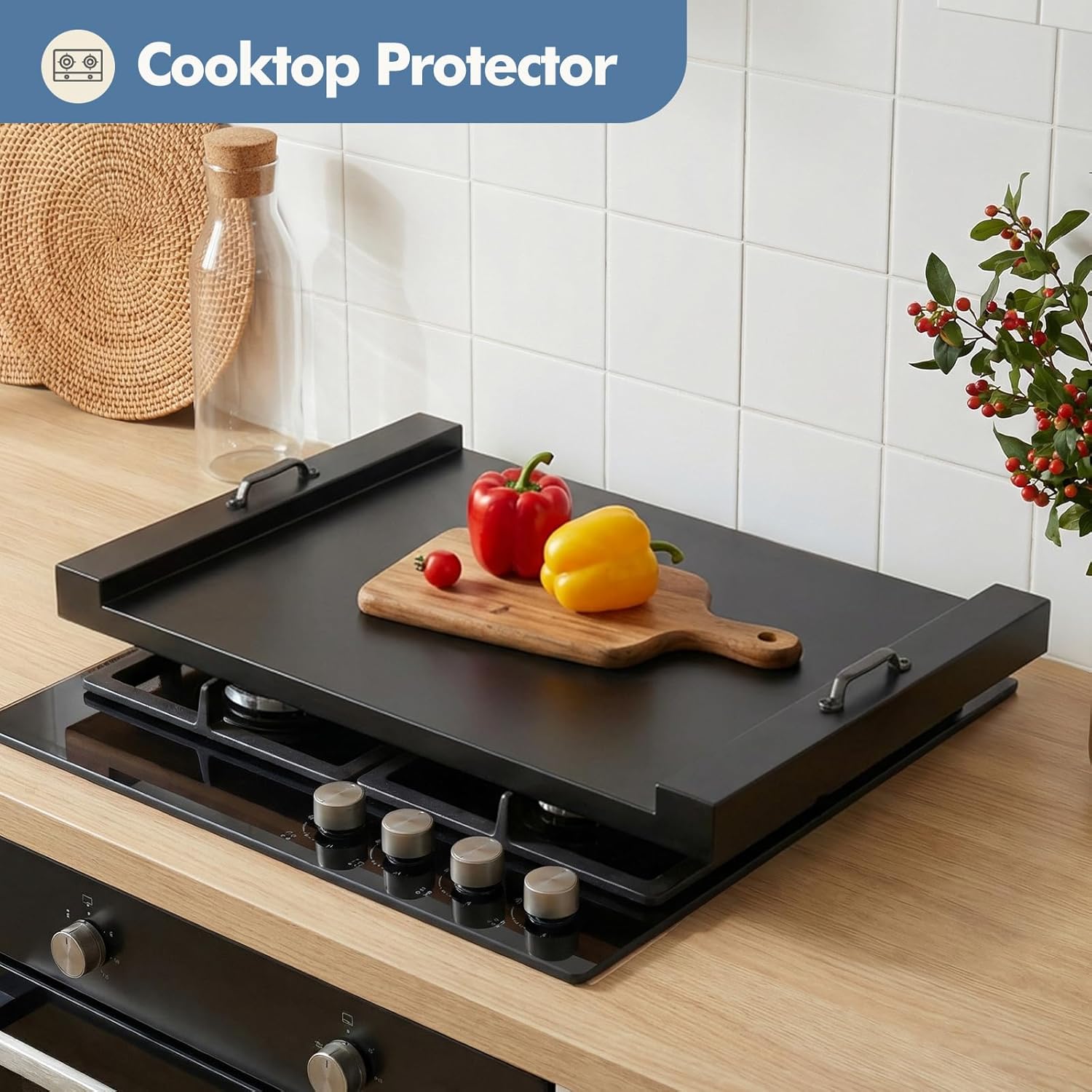 Noodle Board Stove Cover with Handles, Wooden Stove Top Cover for Gas Electric Glass Stove, 22 x 29.5 inch(Black)