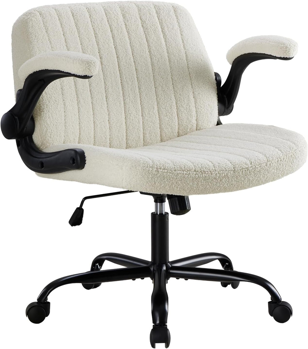 Criss Cross Office Chair with Wheels, Wide Cross Legged Desk Vanity Chair Comfy Fabric Flip-Arms Adjustable Swivel Chairs for Home Computer Bedroom, Grey