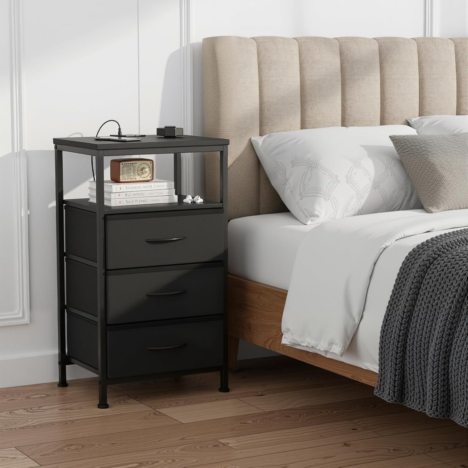 Nightstands Set of 2 with Charging Station, Bedside Table with USB Ports & Type-C, 2 Fabric Drawers Night Stand with Open Shelf, Compact End Table for Bedroom, Rustic Brown
