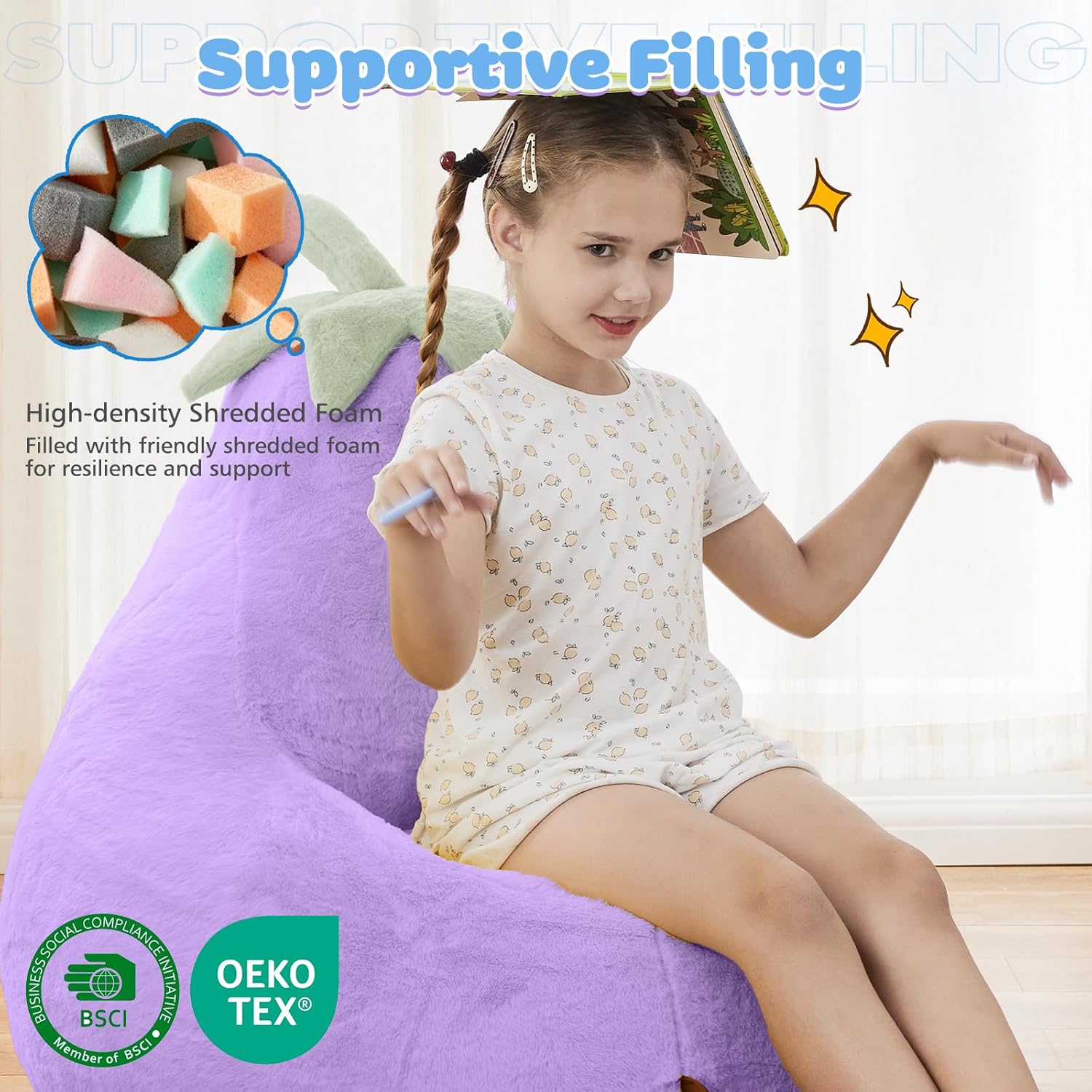 Kids Bean Bag Chair, Stuffed Toddler Couch with Faux Rabbit Fur Cover for Teens & Kids, Comfy Lazy Sofa Chair for Reader, Living Room, Bedroom, Aged 4-12 Years, 24 Inch, Purple