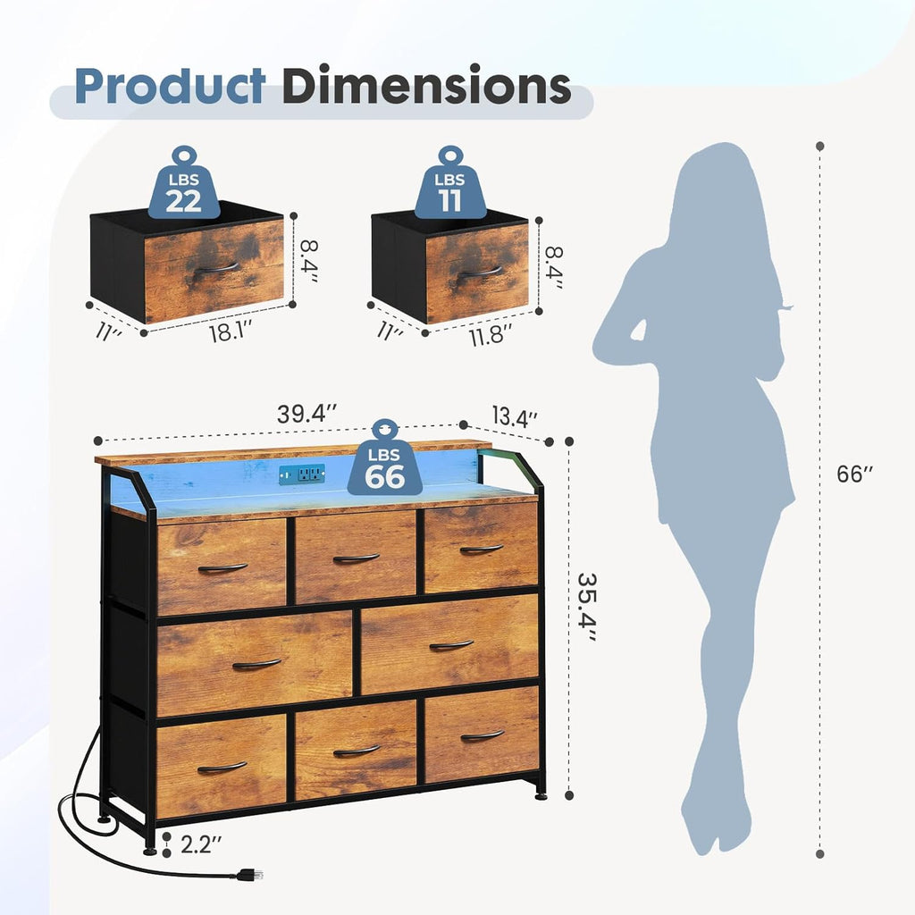 TV Stand Dresser with 8 Fabric Drawers, 8-Drawer Chest of Drawers with APP Control LED Lights and Type-C Charging Station, Fabric Storage Tower TV Stand for Living Room, Brown
