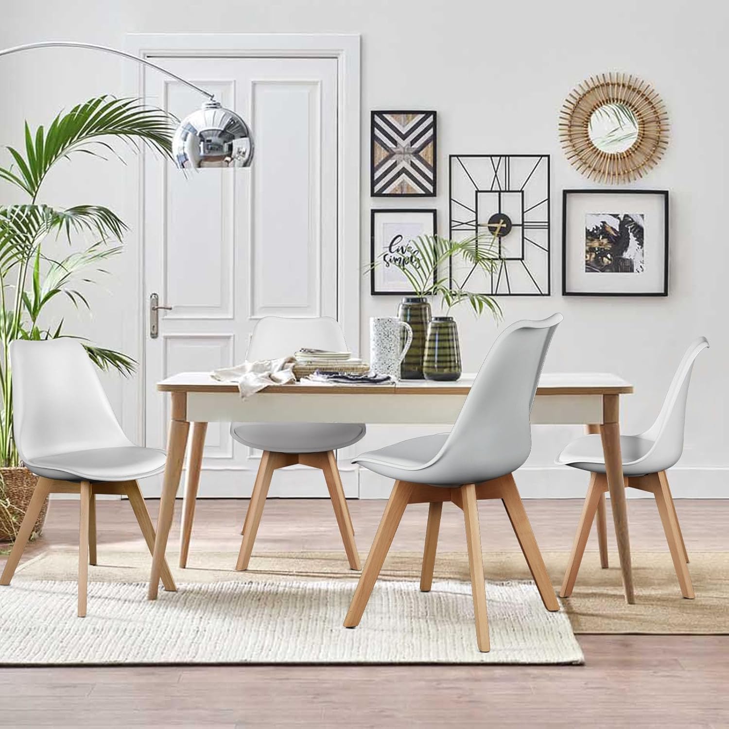 Modern Dining Chairs Set of 4, PU Leather Upholstered Kitchen Chairs with Wood Legs, Mid Century Accent Chairs for Living Room, Bedroom, Outdoor Lounge, White