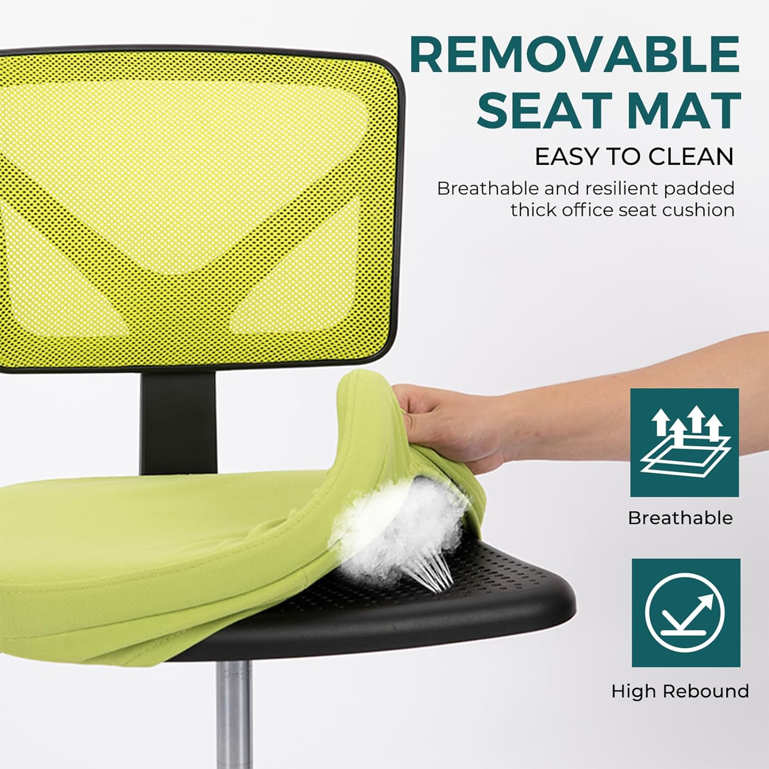 Small Desk Chair Armless, Ergonomic Adjustable Home Office Swivel Rolling Task Chair No Arms, Comfy Mesh Mid Back Computer Work Vanity Desk Chiars with Wheels for Small Spaces, Green
