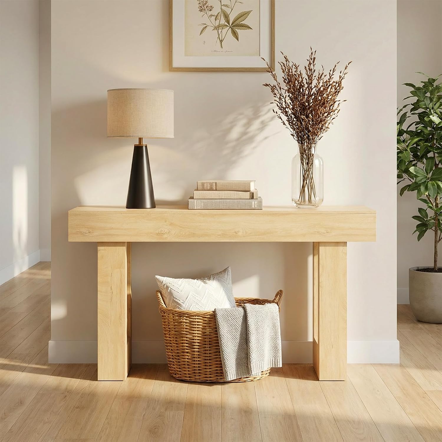 63-Inch Narrow Console Table, Sturdy Wooden Entryway Table with 5.9 Thick Top, Heavy Duty 155lbs Capacity, Space-Saving Sofa Table for Living Room, Hallway, Entrance, Foyer, Natural Wood