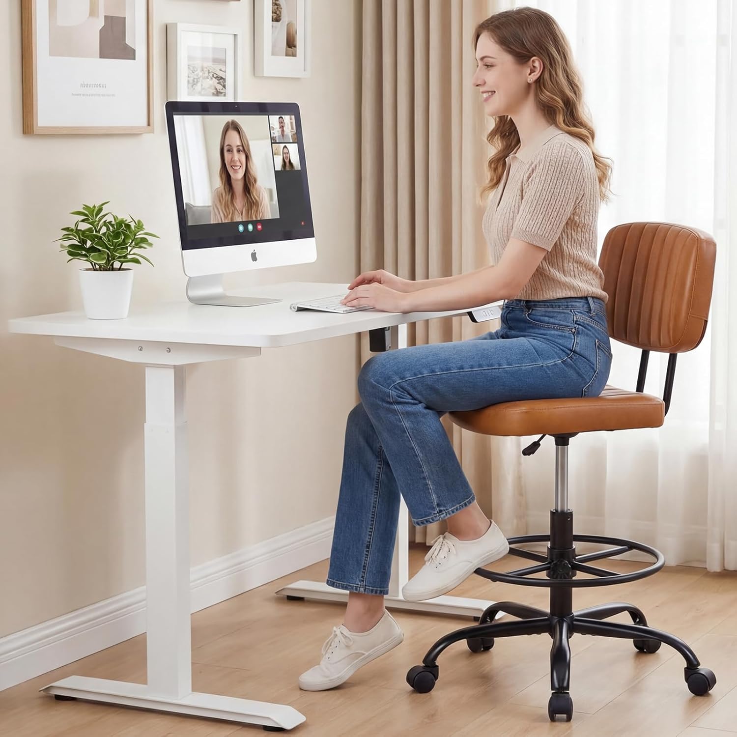 Armless Drafting Chair, Low Back Office Seat with Adjustable Footrest Ring for Standing Desk, Ergonomic PU Leather Office Seating, Swivel Rolling High Stool for Studio, Lab, Counter, Brown