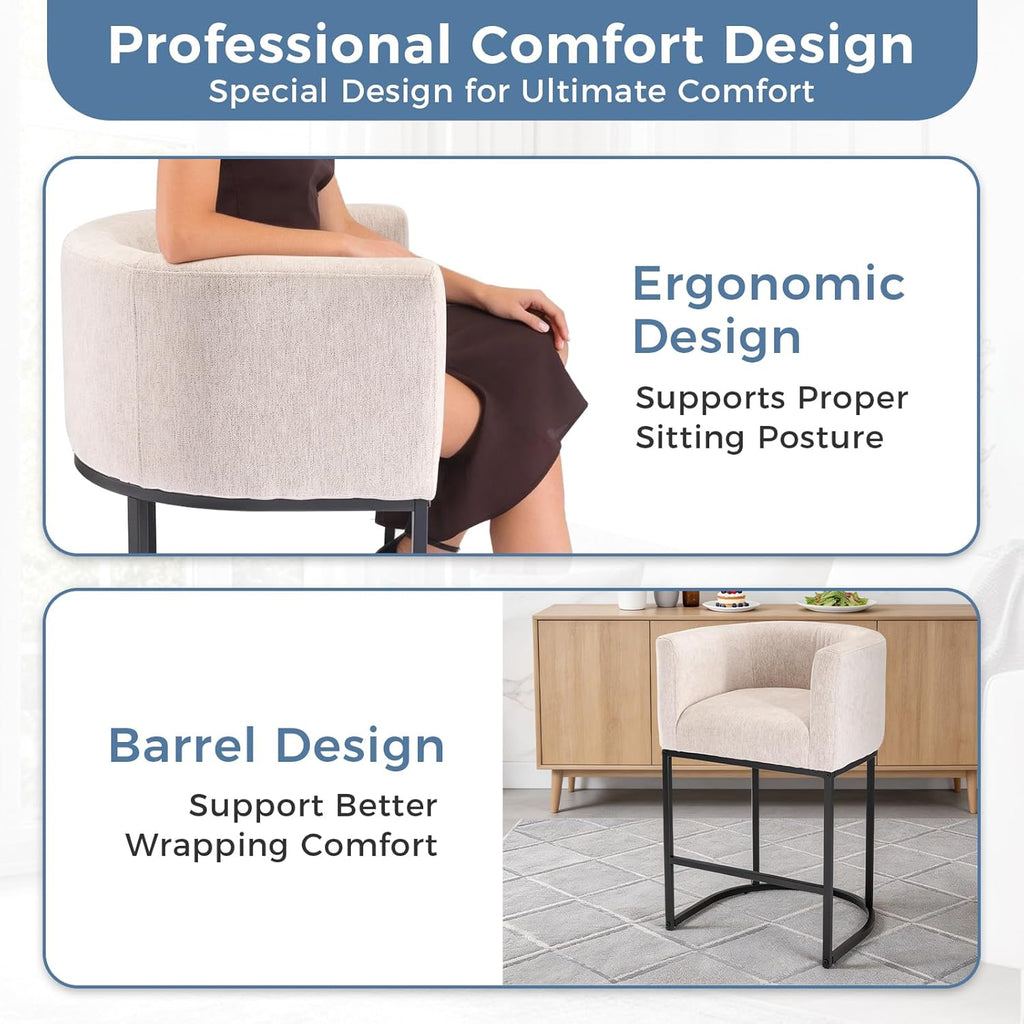 Barrel Bar Stools Set of 2, Modern Counter Height Barstools with Linen Fabric Upholstered Seat, 350lbs Capacity Kitchen Island Chair, Bar Stools with Metal Sled Base and Footrest, Light Grey