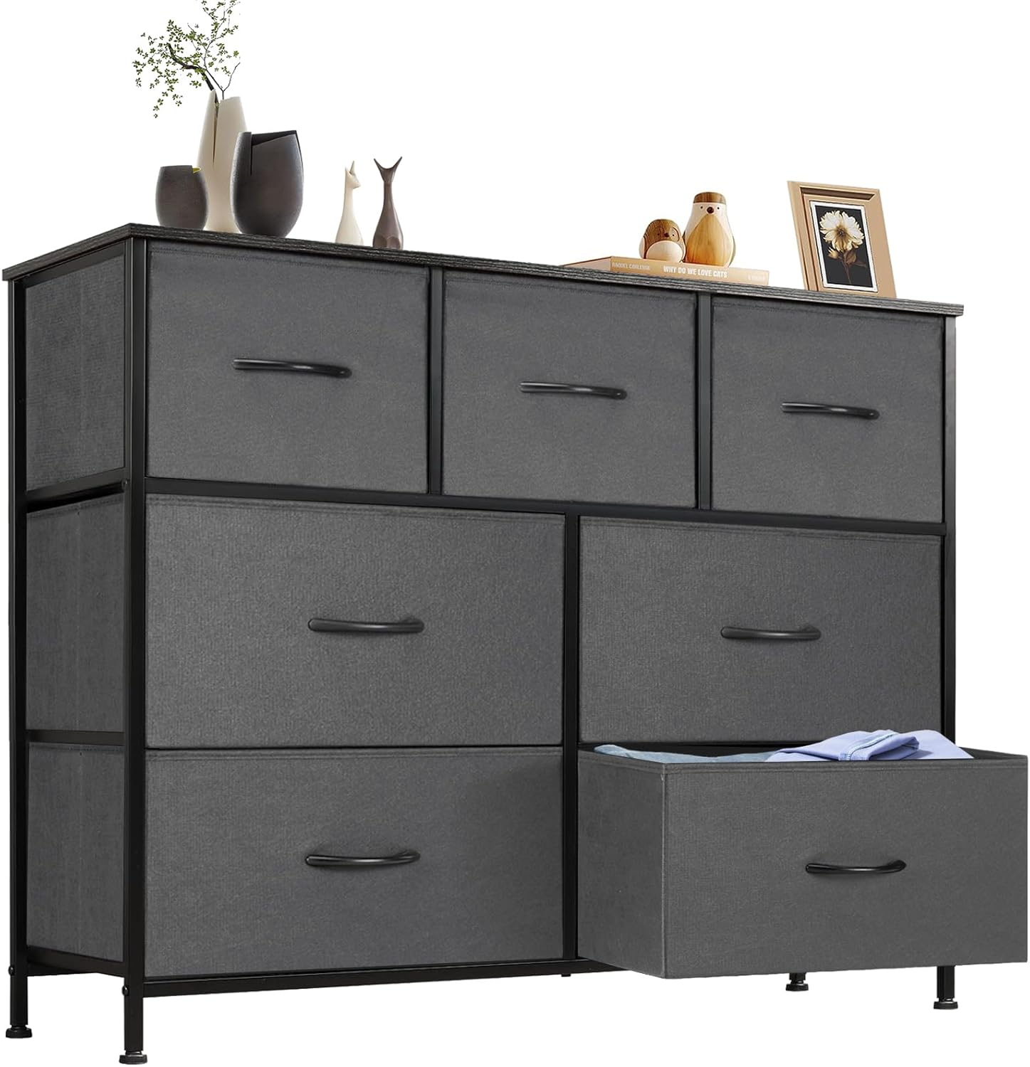 Dresser for Bedroom with 9 Storage Drawers, Large Fabric Storage Tower Organizer, Chest of Drawers with Metal Frame Wooden Top for Closet, Living Room, Entryway, Brown