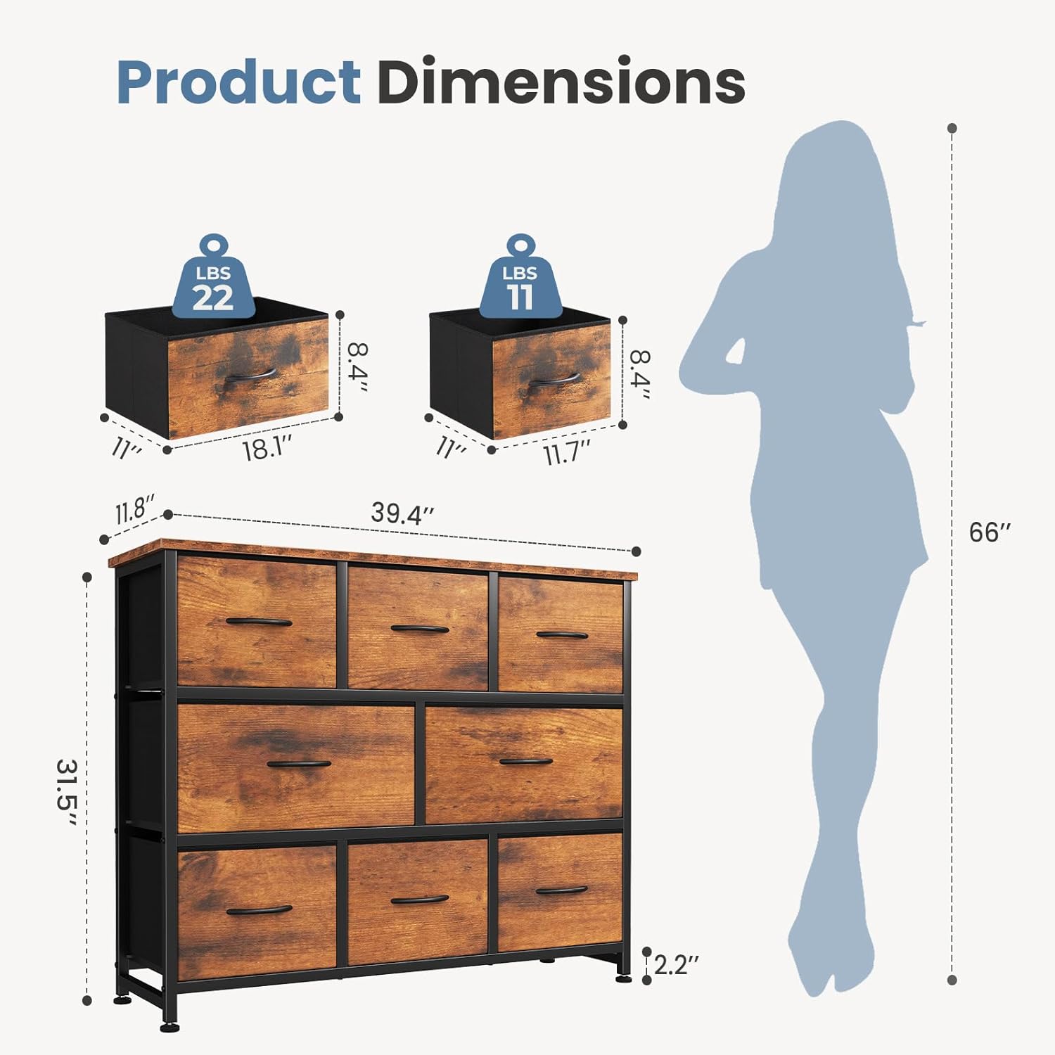 TV Stand, Dresser with 8 Fabric Drawers, Spacious Storage Tower for Closet, TV Stand with Wood Top and Mental Frame, Storage Unit for Living Rooms, Bedroom and Entryway, Brown