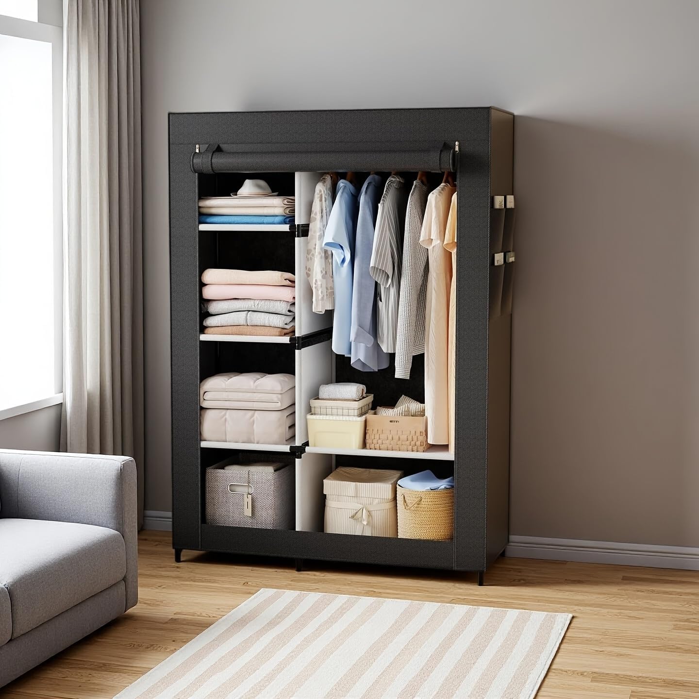 Portable Wardrobe Closet with Cover, Freestanding Portable Garment Rack, Portable Closet Wardrobe for Clothes Storage, Clothes Organizer for Bedroom, Dorm, Apartment (Black)