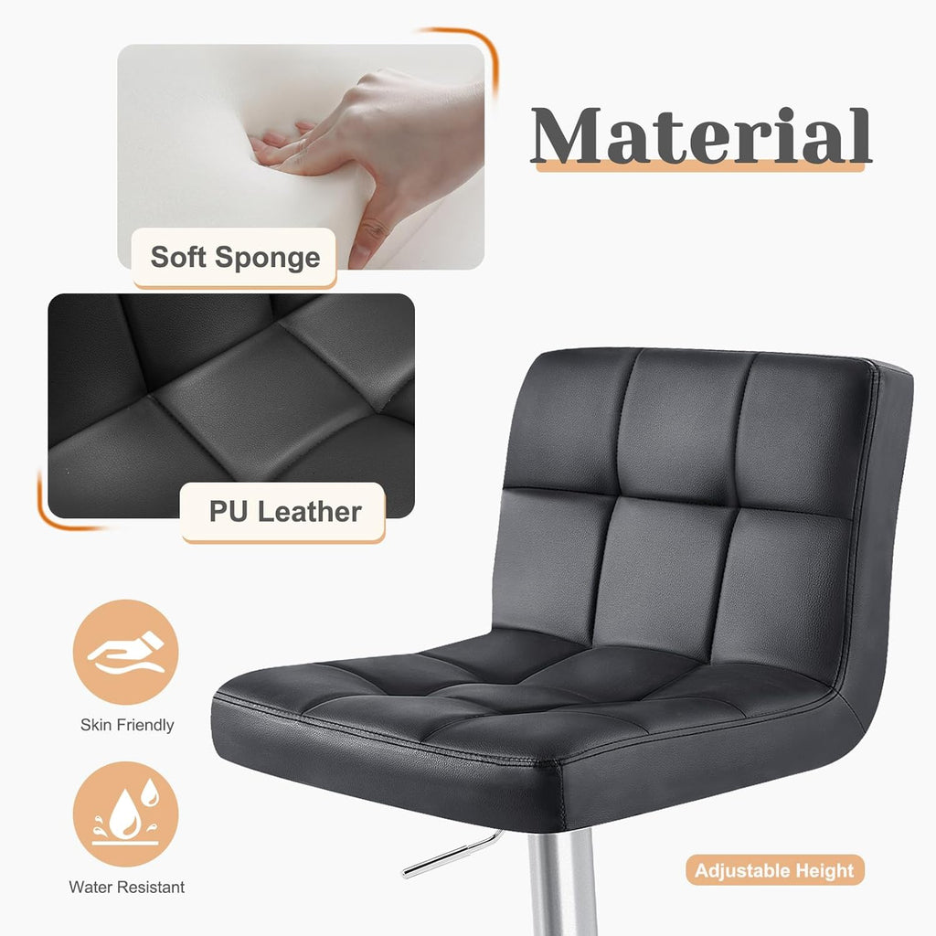 Bar Stools Set of 2, Armless PU Leather Adjustable Swivel Barstools, Hydraulic Kitchen Counter Height Thickened Seat Cushion Square Island Countertop Chairs with Back, Black