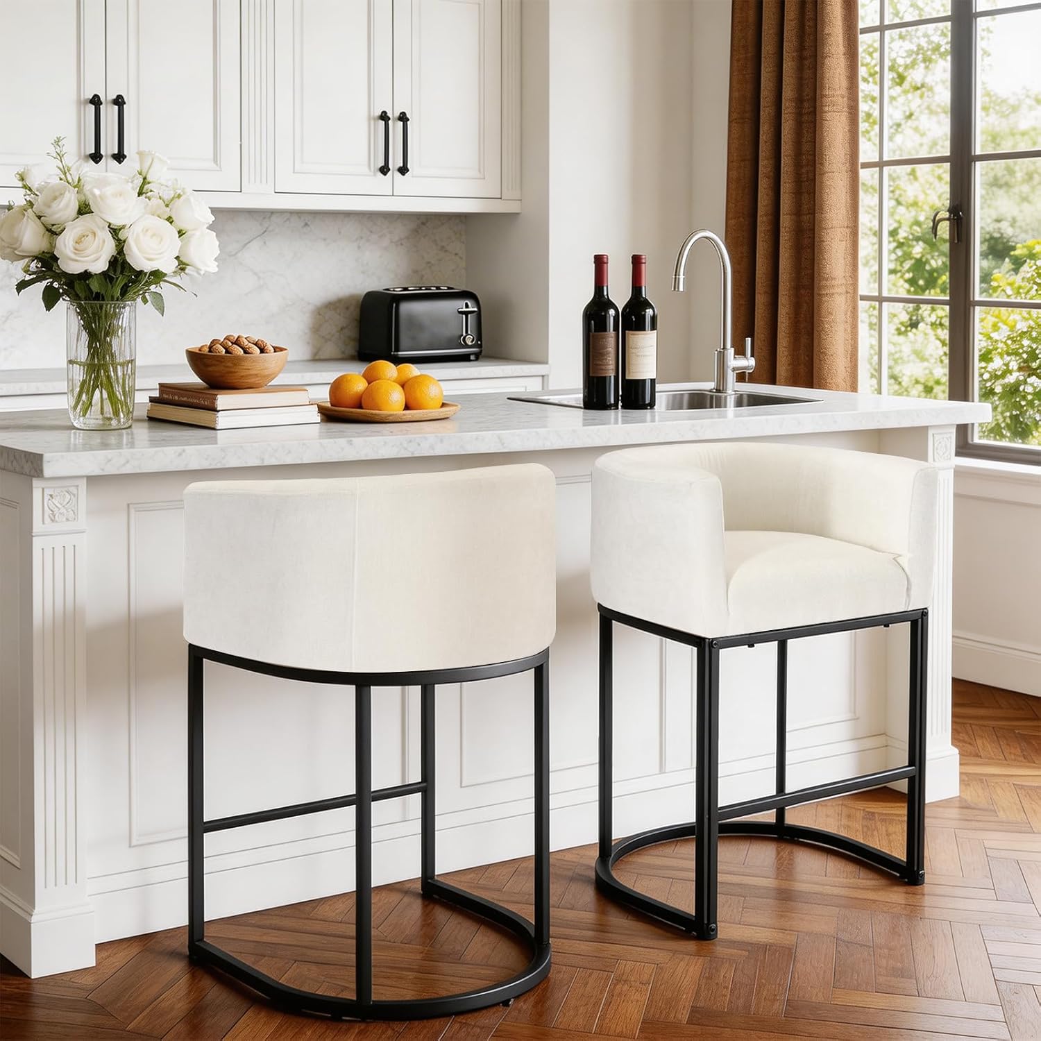 Barrel Bar Stools Set of 2, Modern Counter Height Barstools with Linen Fabric Upholstered Seat, 350lbs Capacity Kitchen Island Chair, Bar Stools with Metal Sled Base and Footrest, Light Grey