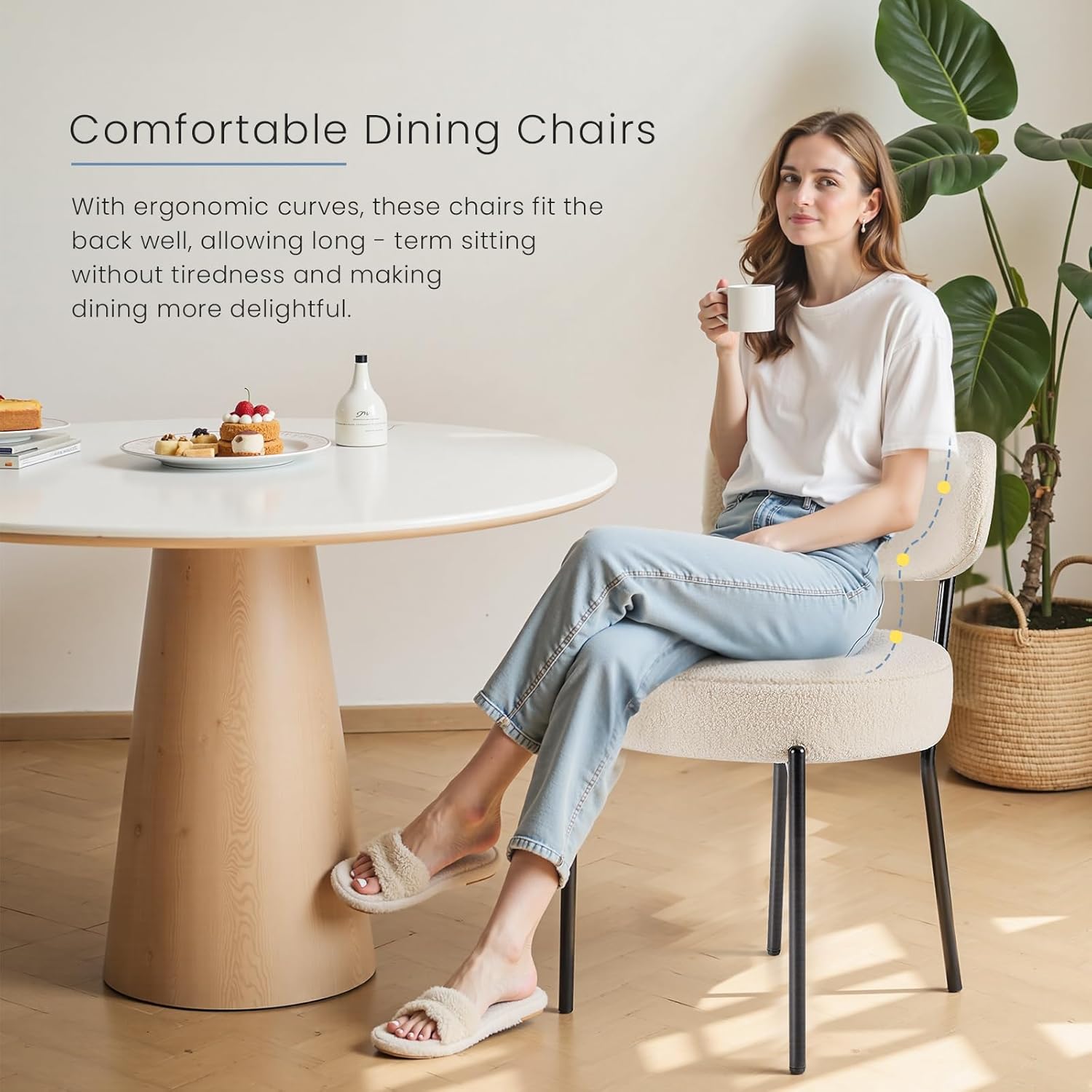 Dining Chairs Set of 2, Mid Century Modern Chair Round Upholstered Curved Backrest, Kitchen Vanity Living Room Chairs with Black Metal Legs??Ivory White