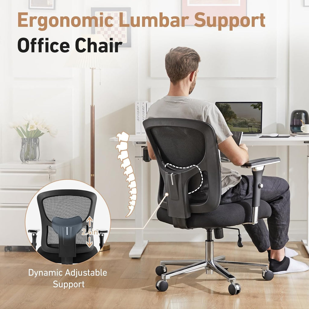 Ergonomic Home Office Desk Chair - Heavy Duty Mid Back with Lumbar Support & 4D Armrest, Height Adjustable Mesh Computer Gaming with Backrest & Swivel Wheels, Dark