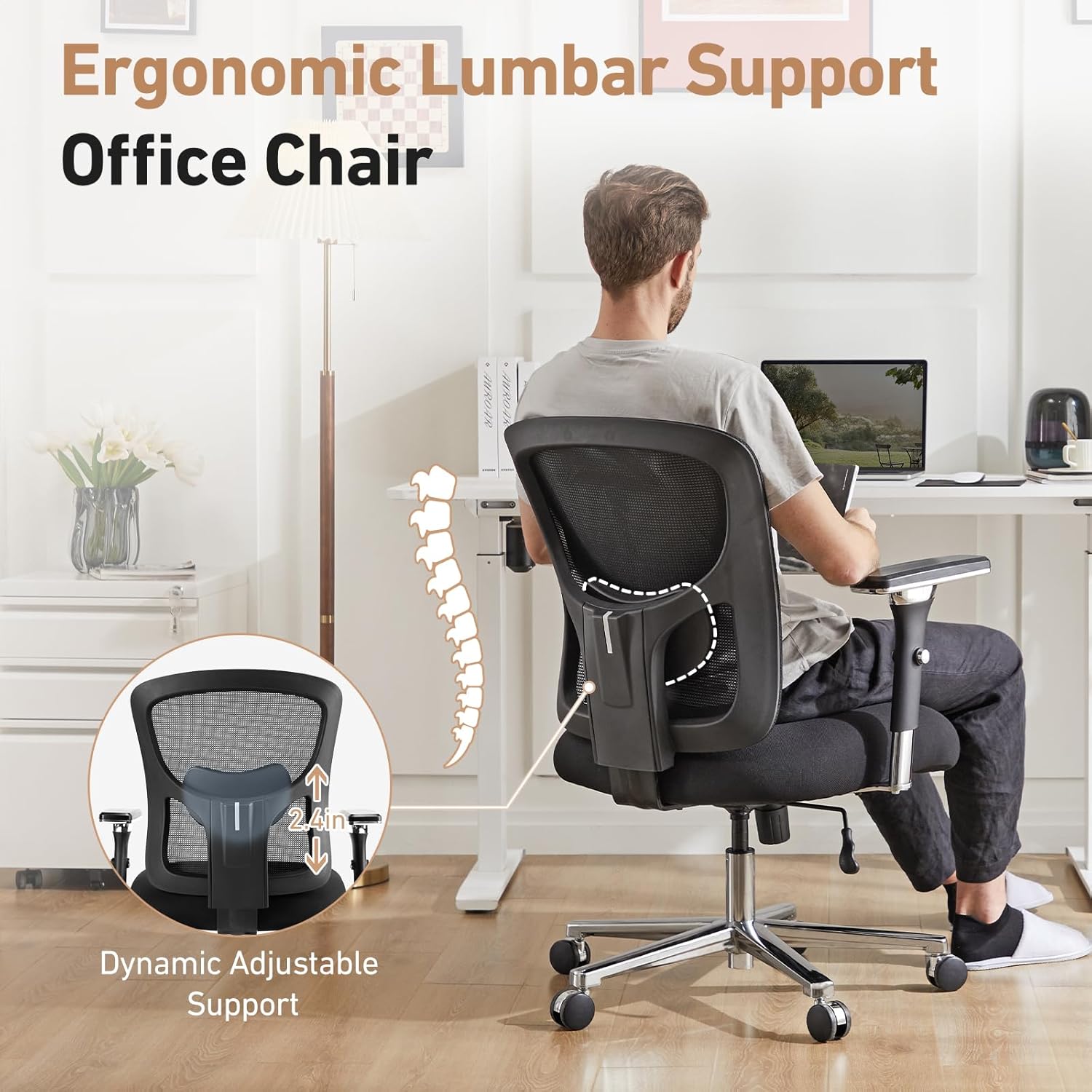 Ergonomic Home Office Desk Chair - Heavy Duty Mid Back with Lumbar Support & 4D Armrest, Height Adjustable Mesh Computer Gaming with Backrest & Swivel Wheels, Dark