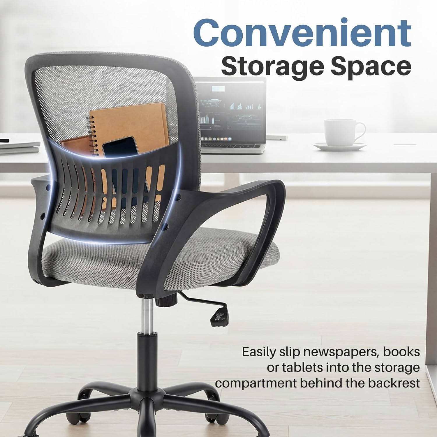 Home Office Chair - Ergonomic Mid Back Mesh Desk Chair with Lumbar Support & Rocking Mode, Height Adjustable, Fixed Armrest, for Conference, Computer, 360?? Swivel, Adults, Grey