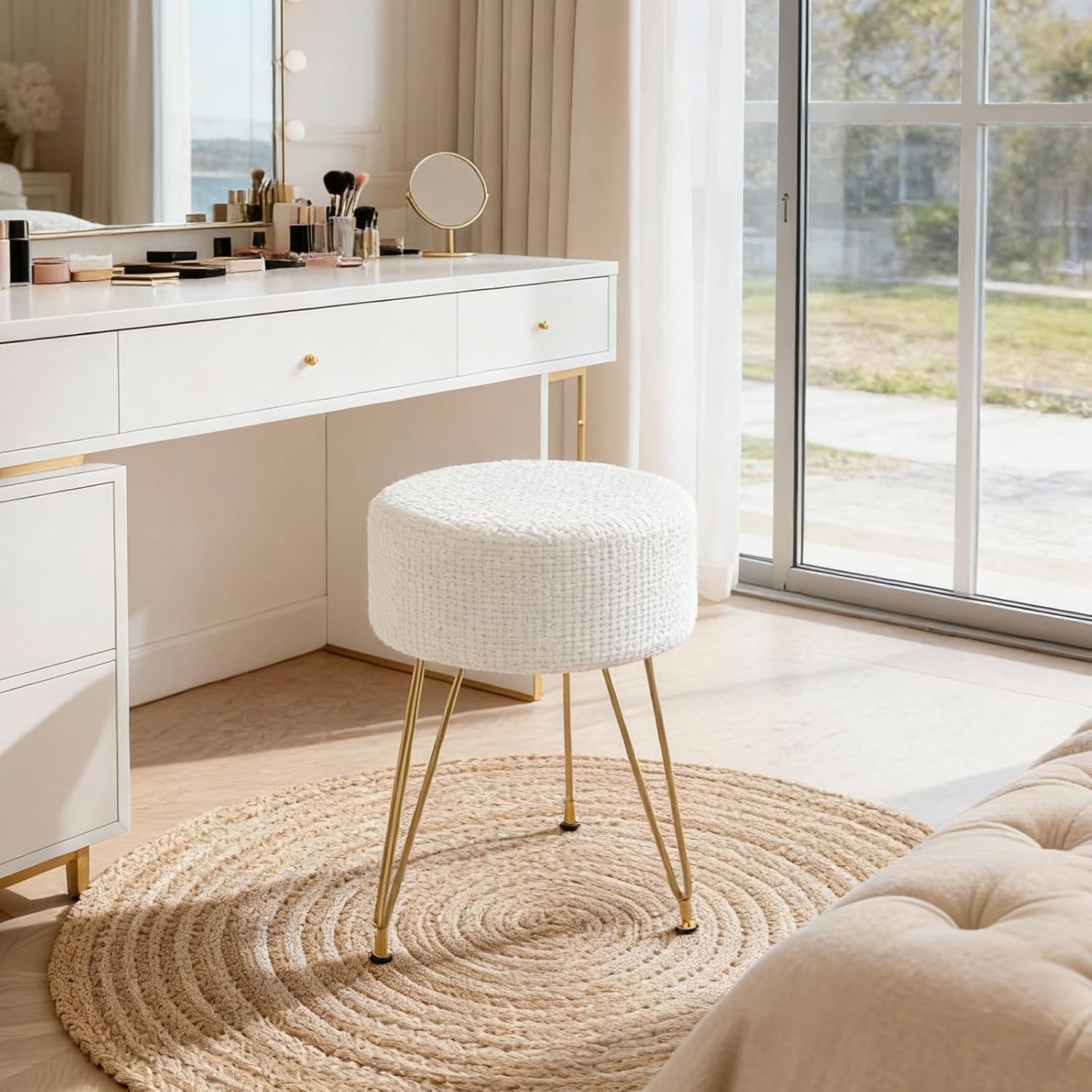 Velvet Vanity Stool, 350LBS Heavy-Duty Makeup Stool with 4CM Thick Cushion, Round Ottoman Footrest Chair for Bedroom, Bathroom, Dressing Table, Easy-Clean Soft Fabric, Beige