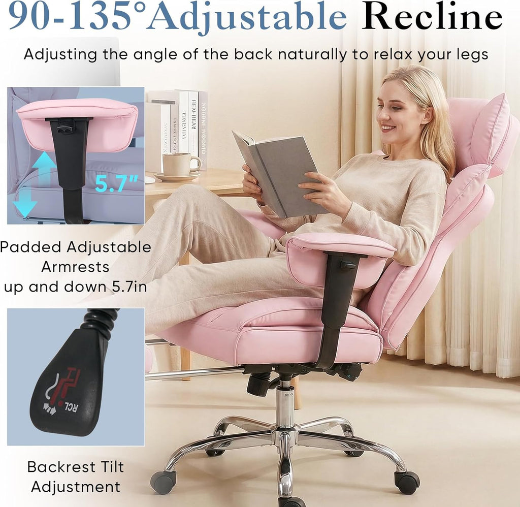 Big and Tall Home Office Desk Chair, Gaming Computer Chair, Executive Ergonomic Chair with Footrest, High Back Reclining, Adjustable Armrests and Comfy Lumbar Support, PU Leather, Pink