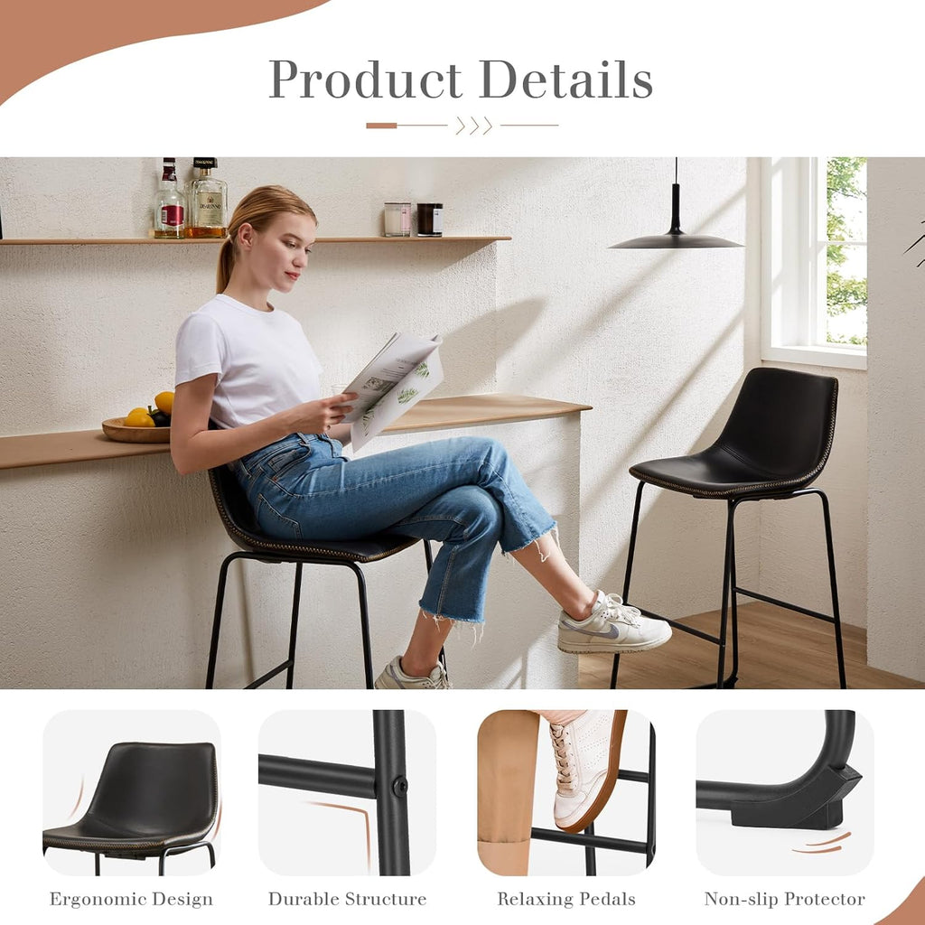 26 Inch Counter Height Bar Stools Set of 2, Modern Faux Leather High Barstools with Back and Metal Leg, Bar Chairs for Kitchen Island, Elegant Black