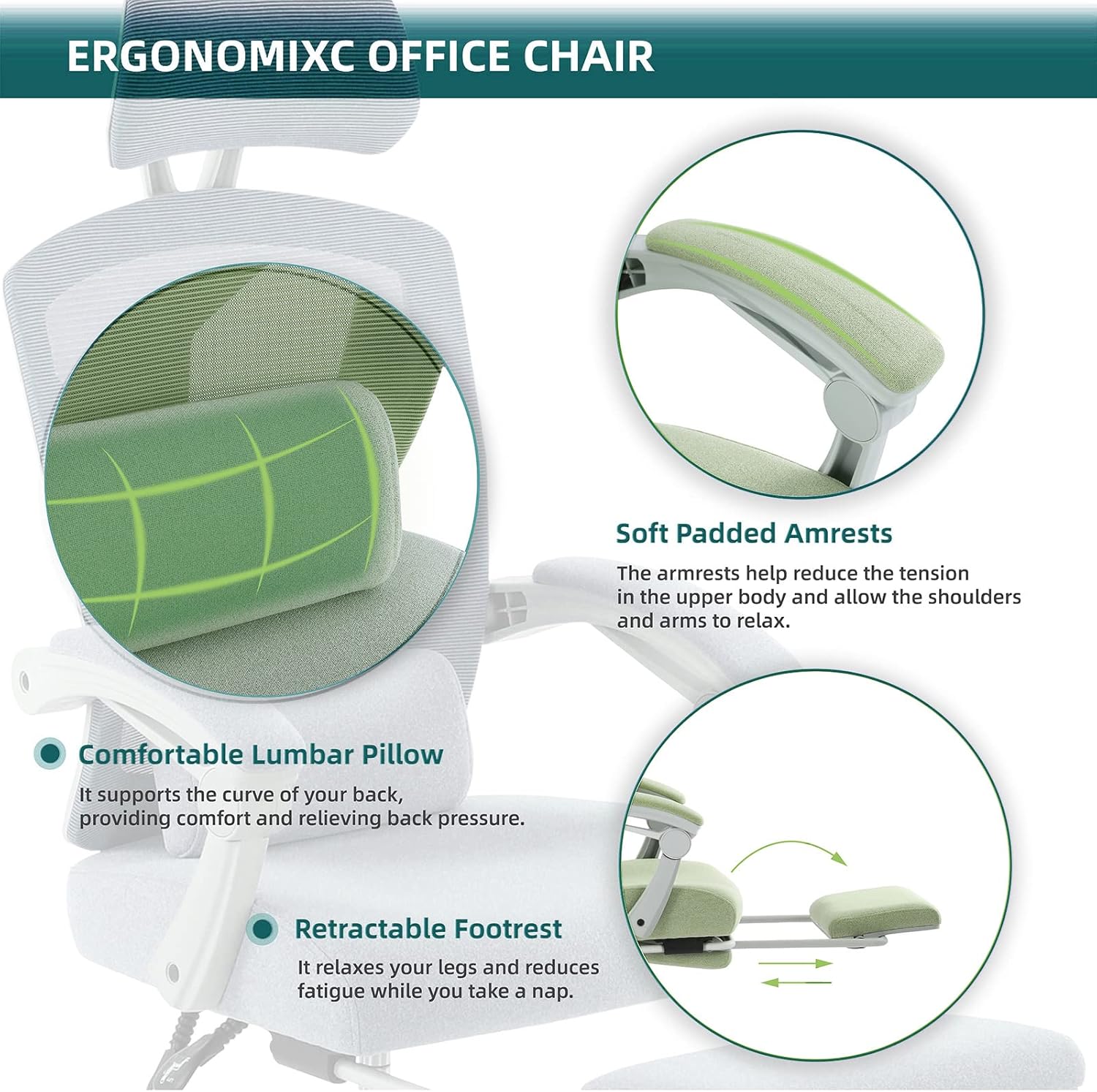 Home Office Desk Chair with Footrest, High-Back Mesh Rolling Swivel Reclining Chairs with Wheels, Comfortable Headrest, Lumbar Support, Comfy Arms for Home, Office, Gaming, Elegant Green