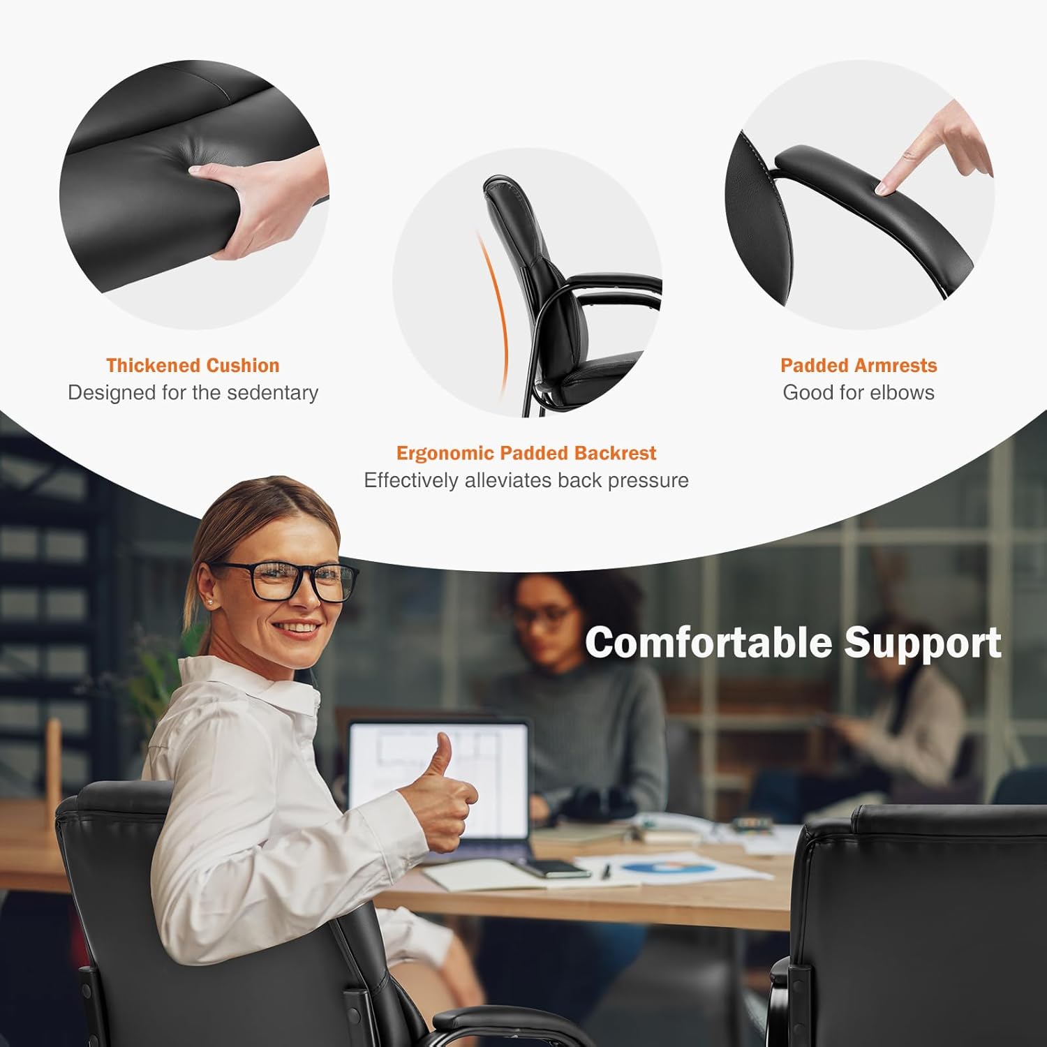 Waiting Room Guest Chair Set of 4, Stationary Office Reception Chairs No Wheel, Comfy Padded Arms and Seld Base, for Conference Room Lobby Home Computer Desk Bedroom Elderly, Deep Black