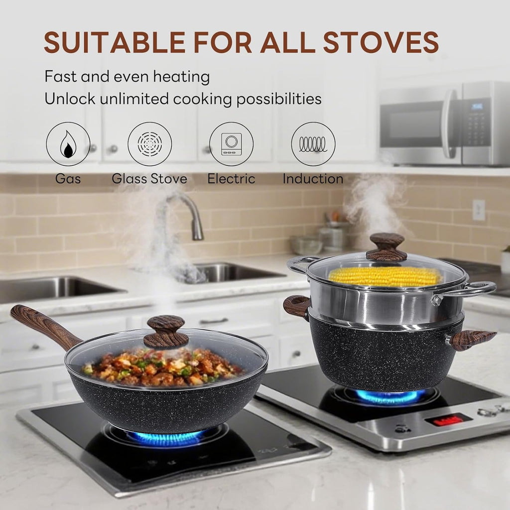 17 Pcs Pots and Pans Set, Nonstick Kitchen Cookware Set, Induction Cooking Sets with Stay-Cool Handles, Black